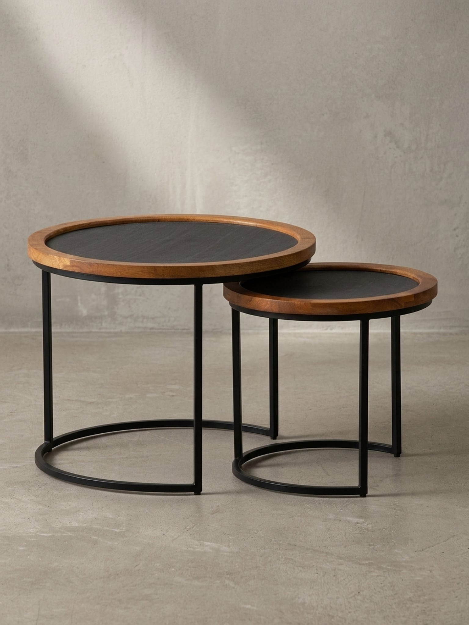 Couchtisch Set &ndash; 2-teilig Rund Mango Massivholz Steinoptik Metall Braun Anthrazit 