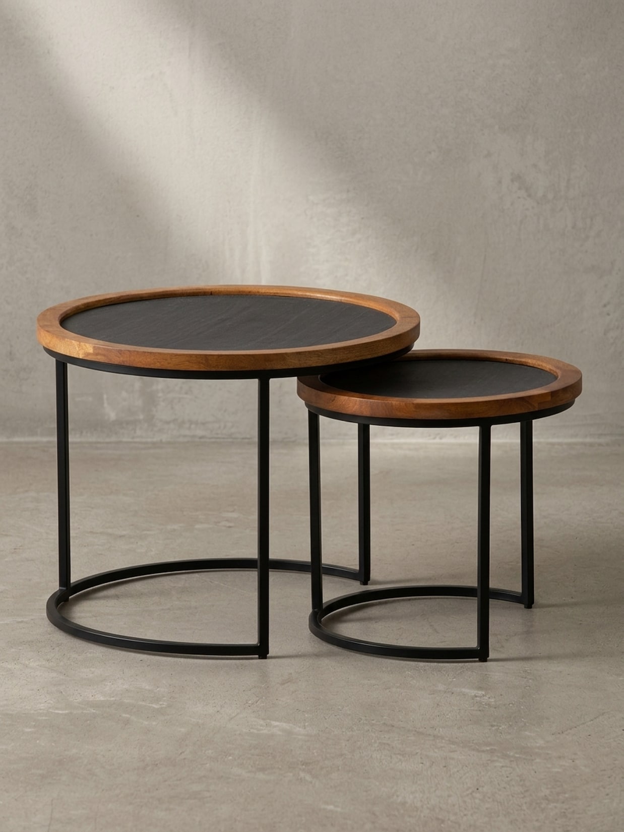 Couchtisch Set – 2-teilig Rund Mango Massivholz Steinoptik Metall Braun Anthrazit
