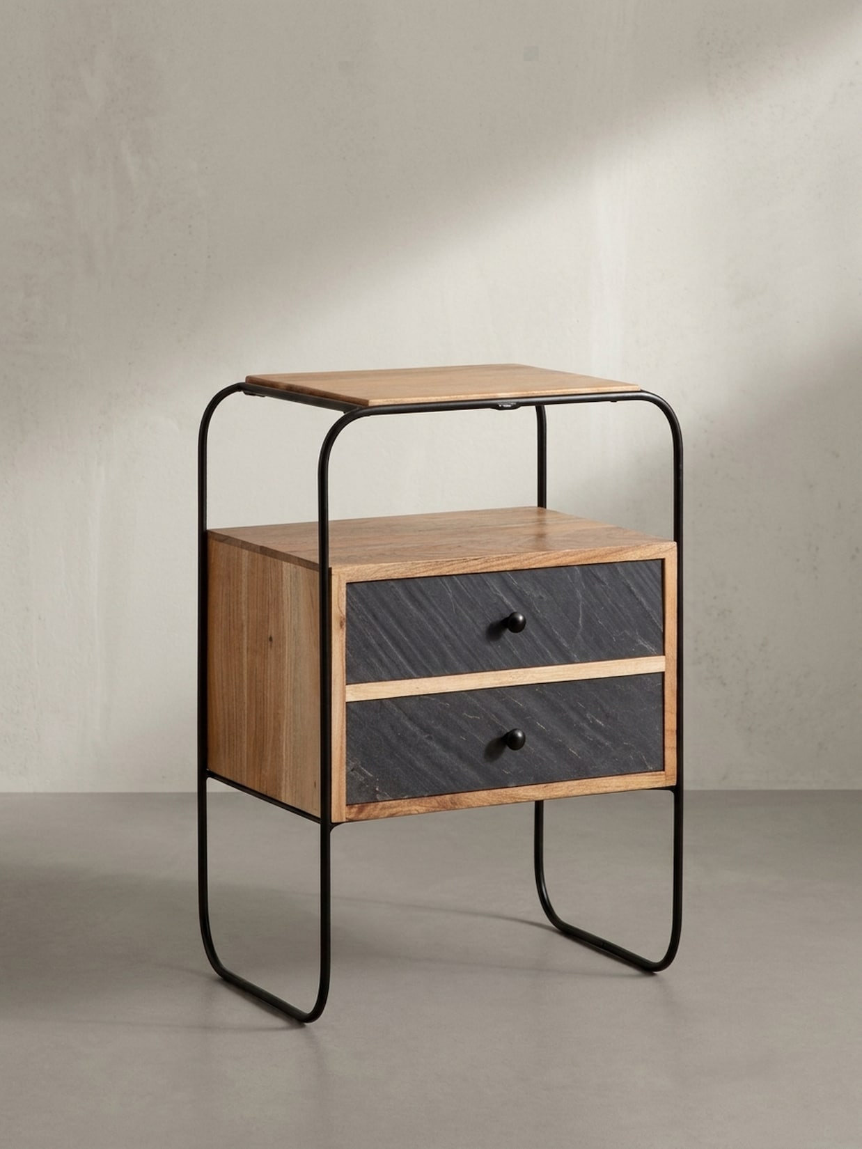 Nachttisch Massivholz Steinoptik 2 Schubladen Ablage Metallgestell, Akazie 40x30x60 cm