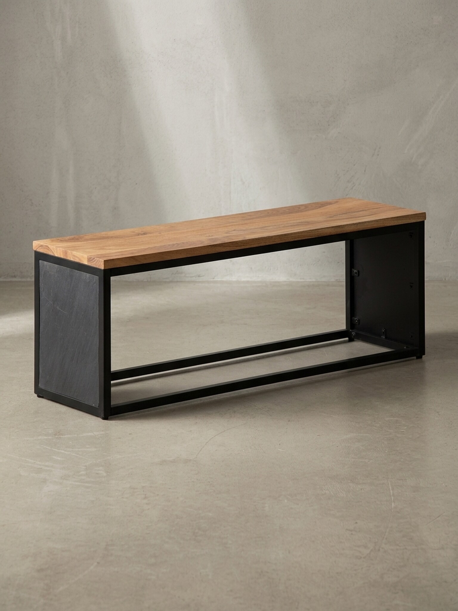 Sitzbank &ndash; Akazie Massivholz/Steinoptik, 120x45x35 cm, Metallgestell 