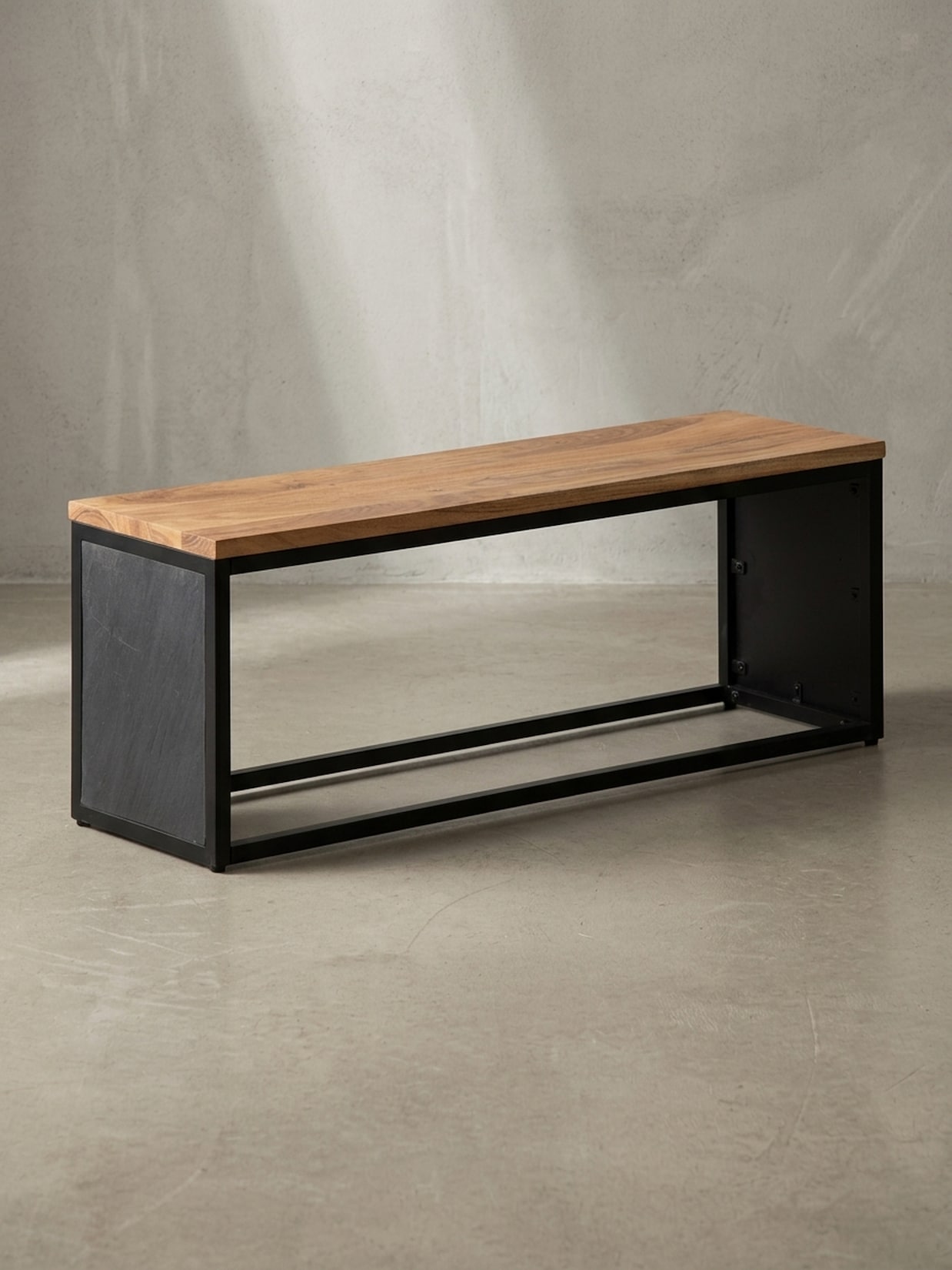 Sitzbank – Akazie Massivholz/Steinoptik, 120x45x35 cm, Metallgestell