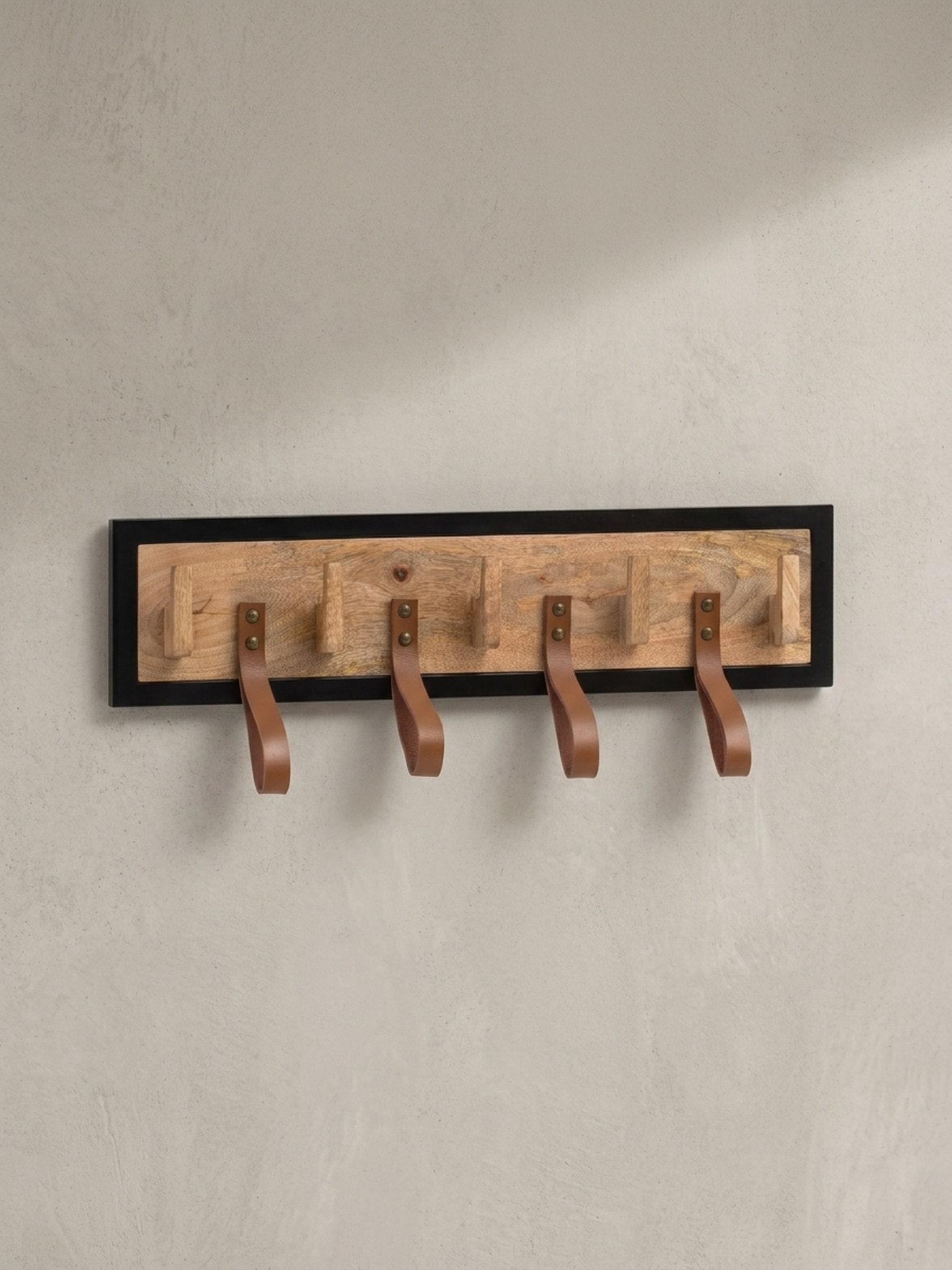 Wandgarderobe Mango Massivholz Echtleder Modern 60x15x6 cm mit Schlaufen 