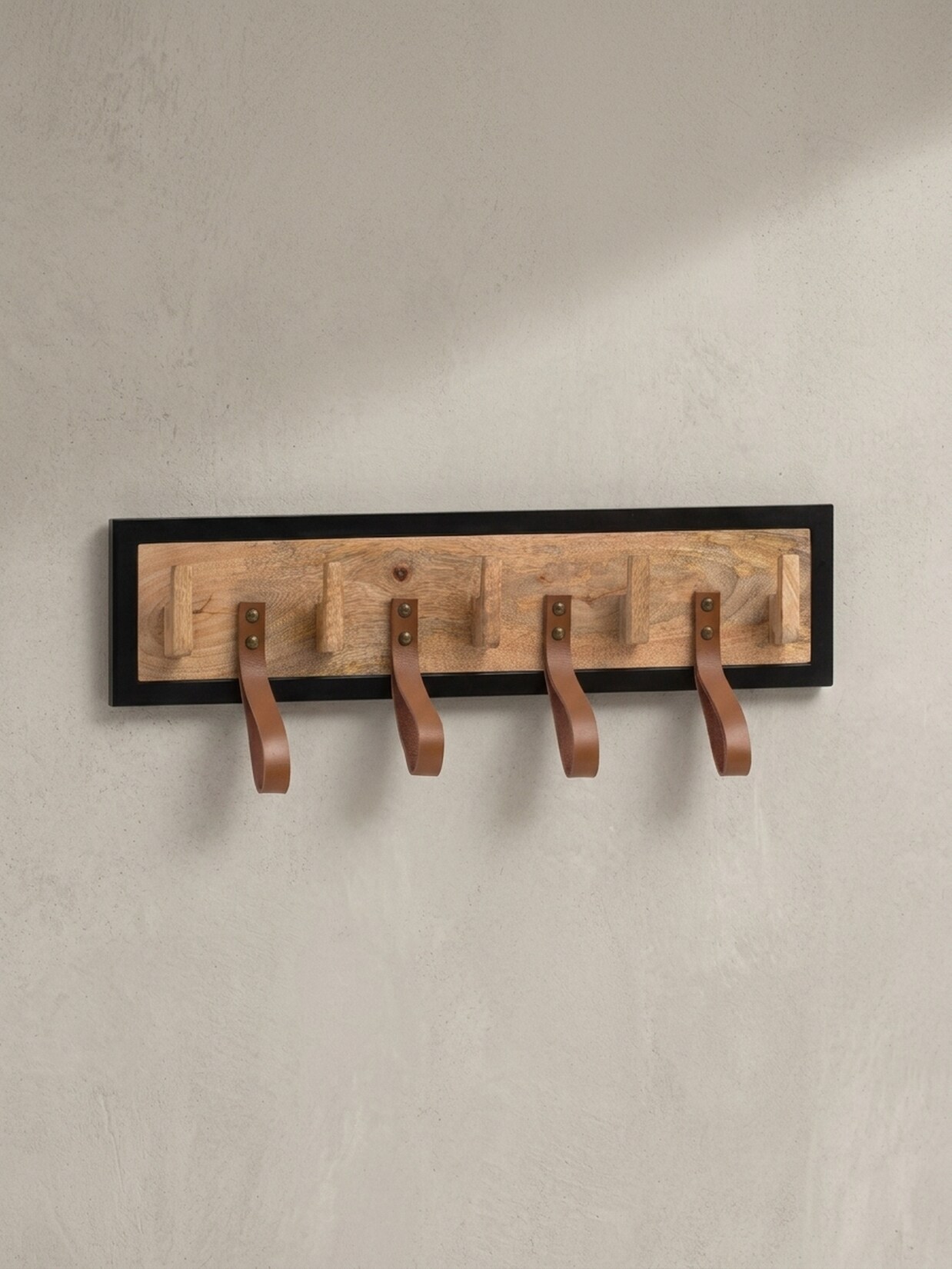 Wandgarderobe Mango Massivholz Echtleder Modern 60x15x6 cm mit Schlaufen