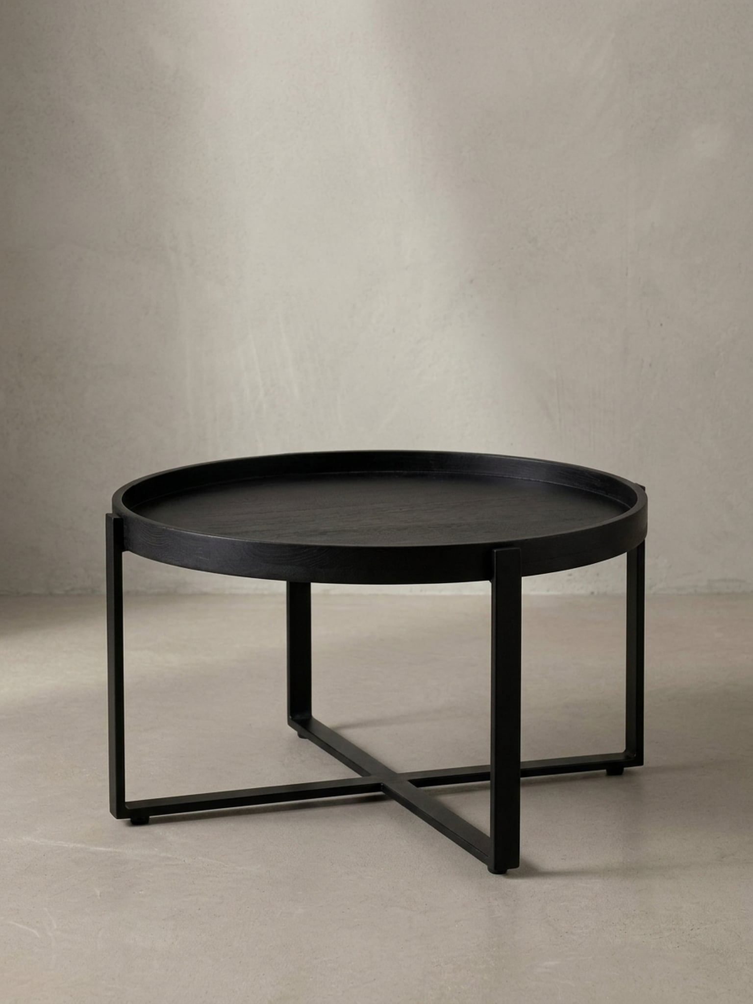 Couchtisch Schwarz Mango Massivholz Metall, Rund mit erh&ouml;htem Rand, 60x60x35 cm 
