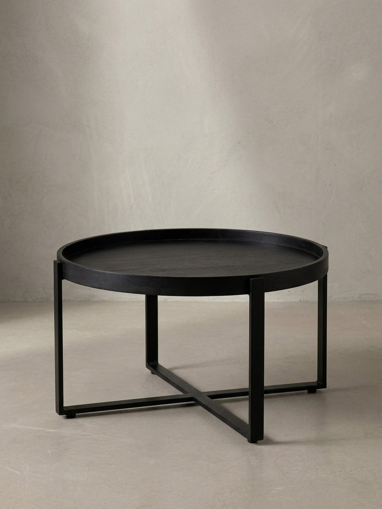 Couchtisch Schwarz Mango Massivholz Metall, Rund mit erhöhtem Rand, 60x60x35 cm