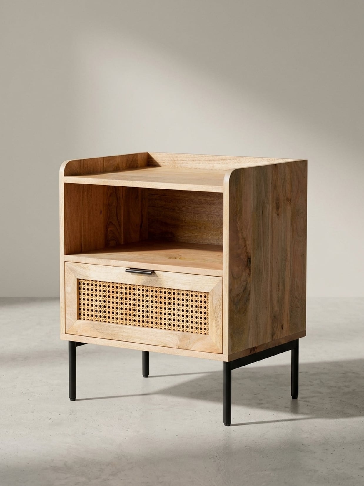 Nachttisch – Mango Massivholz/Rattan, 50x60x40 cm, 1 Schublade, Wiener Geflecht