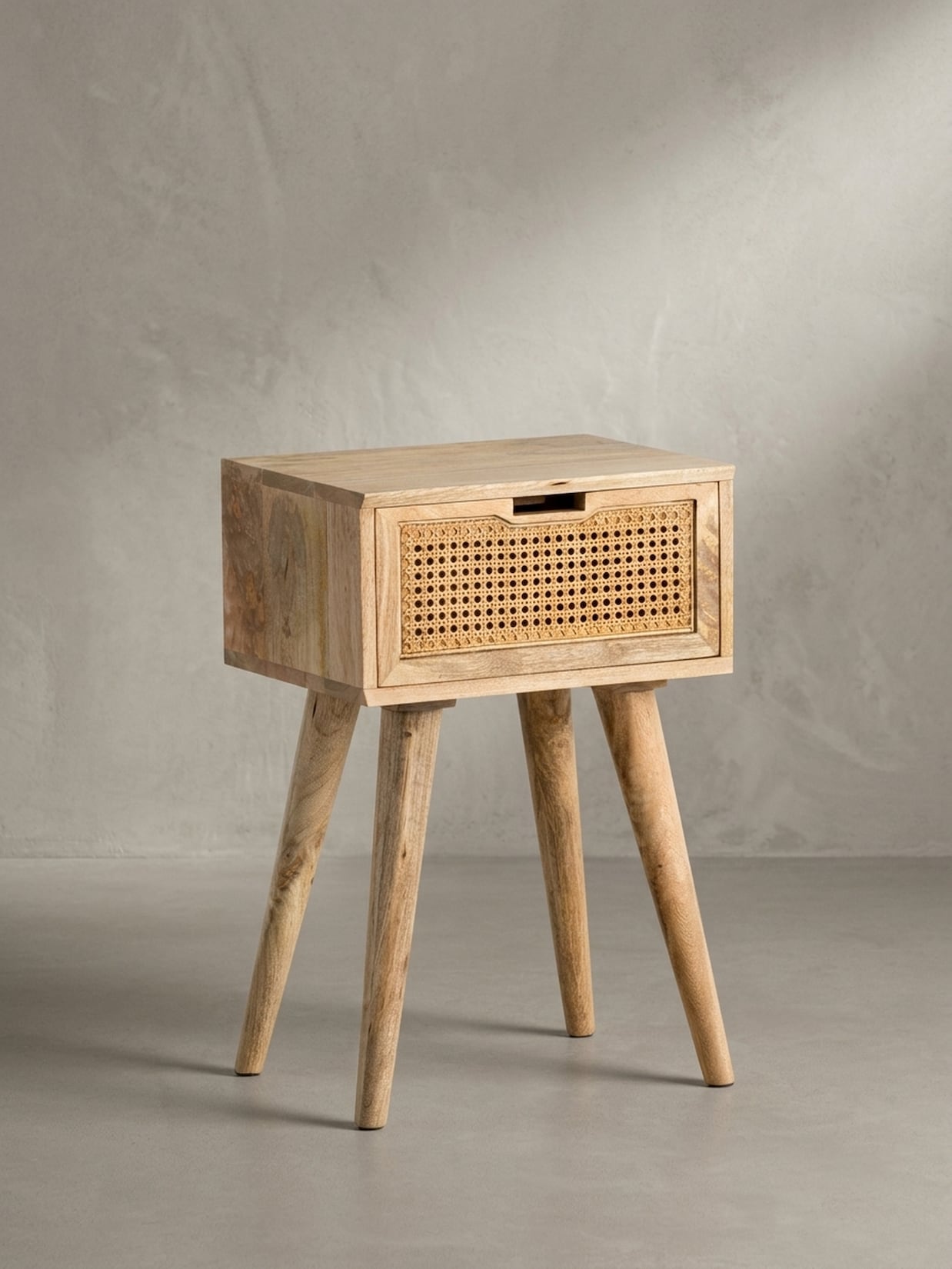 Nachttisch – Mango Massivholz/Rattan, 40x60x30 cm, Braun, 1 Schublade, Wiener Geflecht