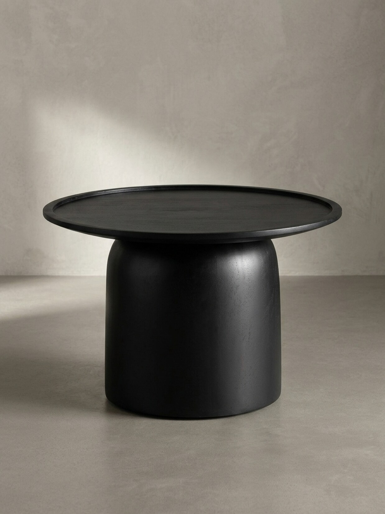 Couchtisch Rund Schwarz Mango Massivholz, 60x60x40 cm, Erhöhter Rand, Trommelgestell
