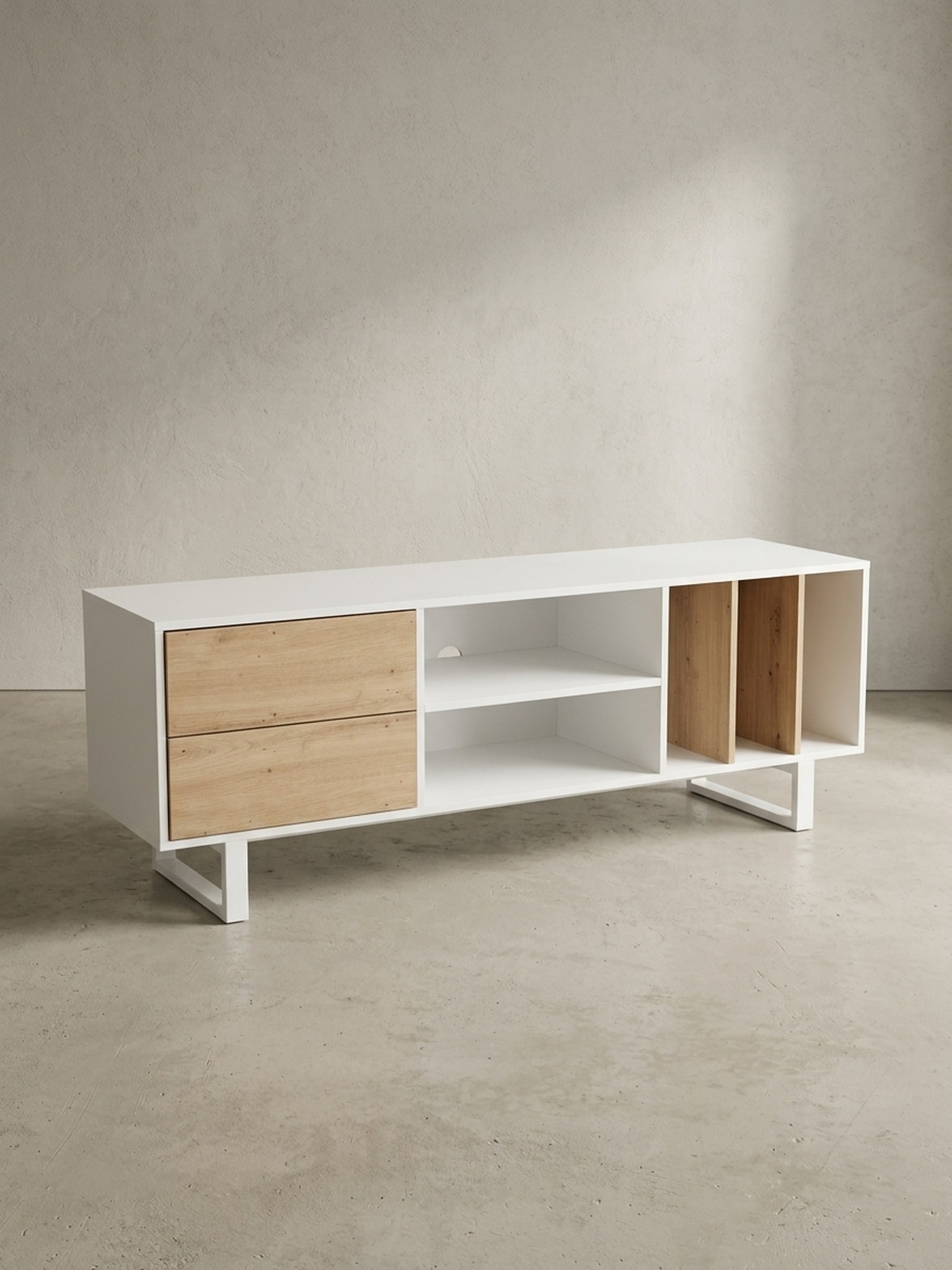 TV-Lowboard mit Eiche-Dekor, Schubladen und offenes Regal, modern, Wei&szlig; 150x40x55 cm 