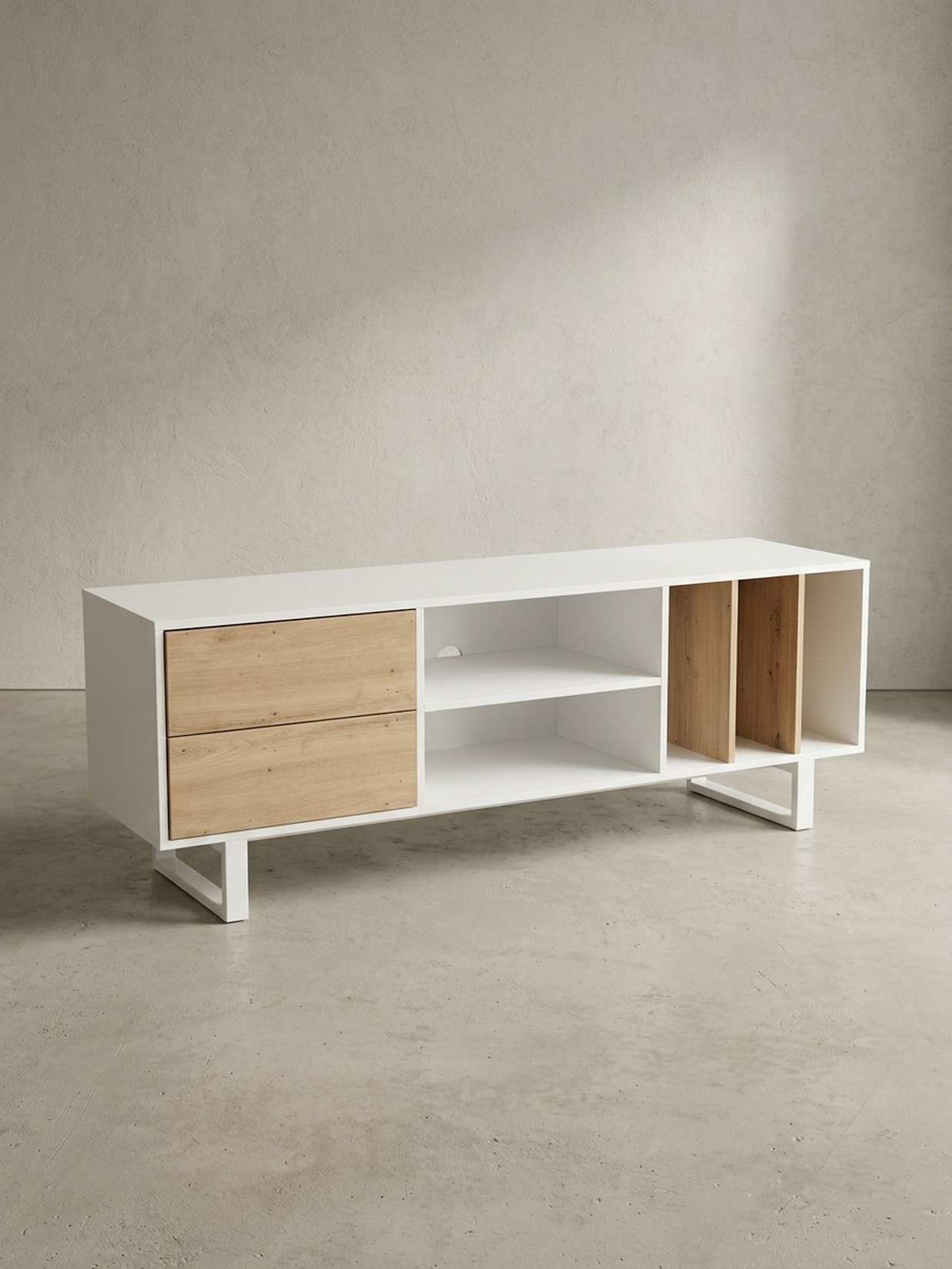 TV-Lowboard mit Eiche-Dekor, Schubladen und offenes Regal, modern, Weiß 150x40x55 cm