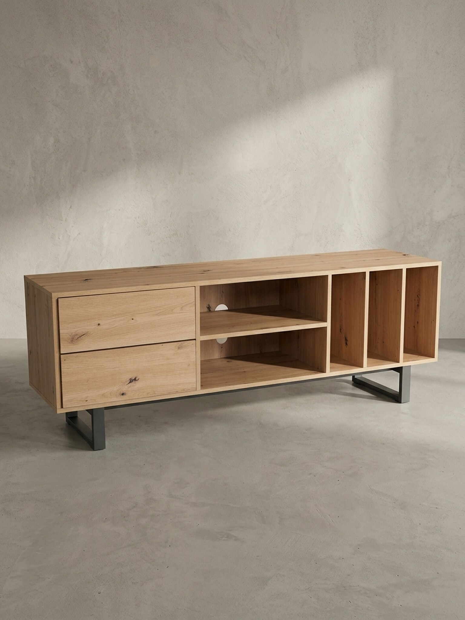 TV-Lowboard mit Eiche-Dekor, Schubladen und offenes Regal, modern, Braun 150x40x55 cm 