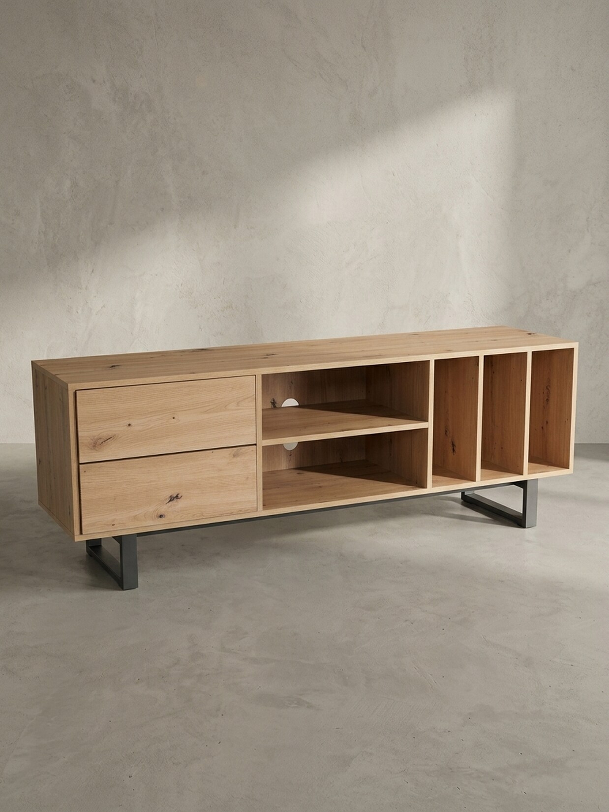 TV-Lowboard mit Eiche-Dekor, Schubladen und offenes Regal, modern, Braun 150x40x55 cm