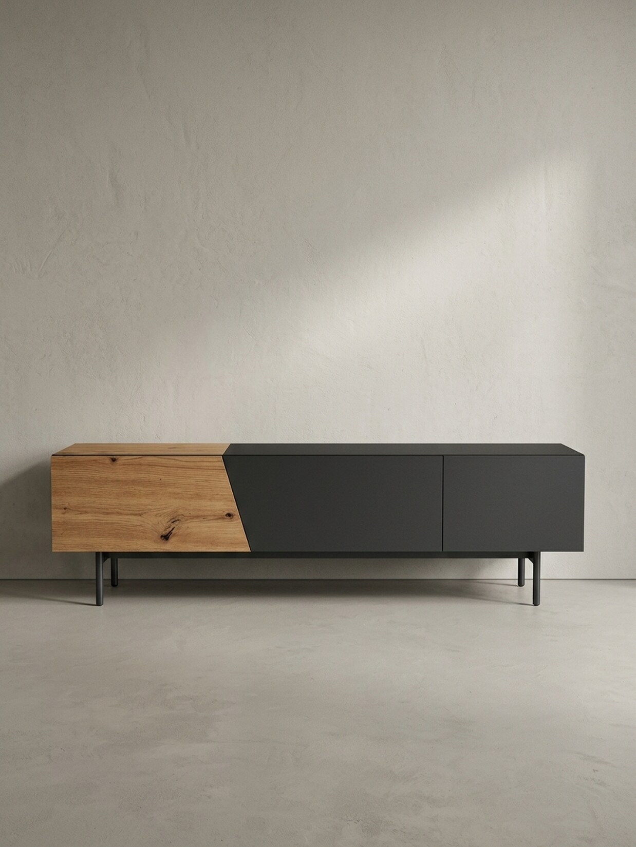 TV-Lowboard mit Eiche-Dekor, Türen und Schublade, modern, Braun-Schwarz 150x40x40 cm