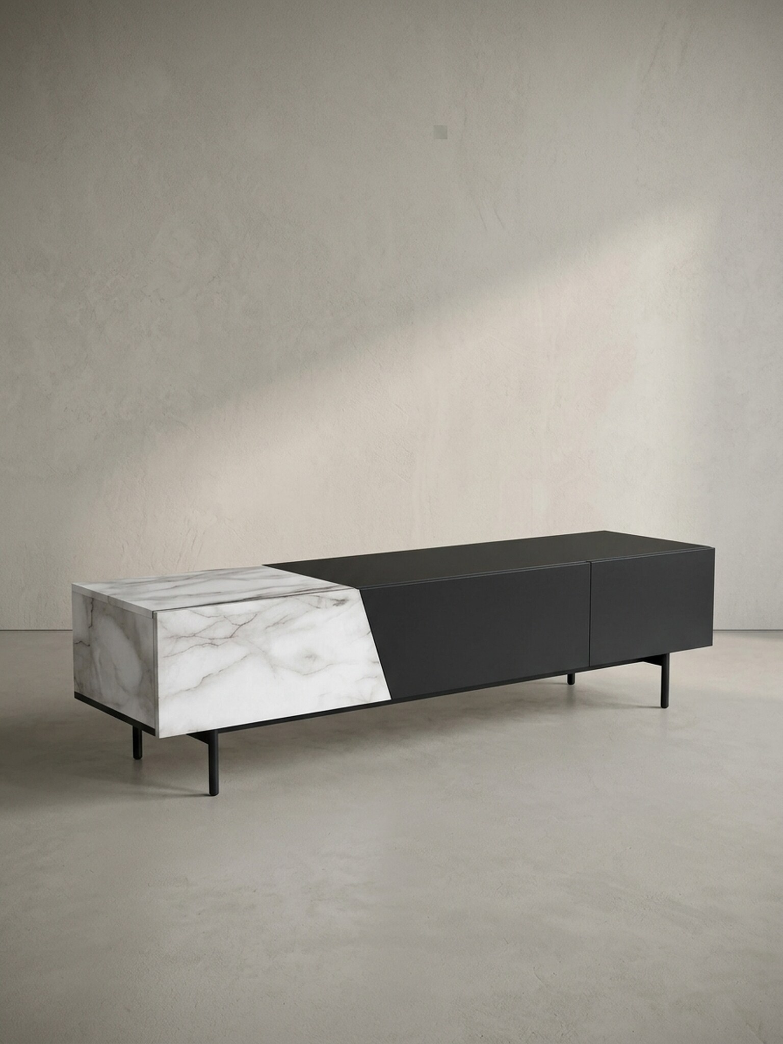 TV-Lowboard mit Eiche-Dekor, T&uuml;ren und Schublade, modern, Wei&szlig;-Schwarz 150x40x40 cm 