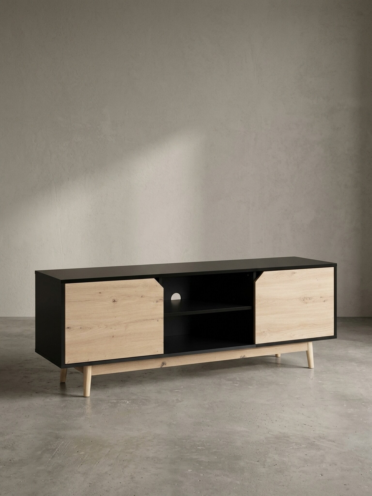 TV-Lowboard mit Eiche-Dekor, 2 T&uuml;ren, modern, Schwarz-Beige 150x40x55 cm 