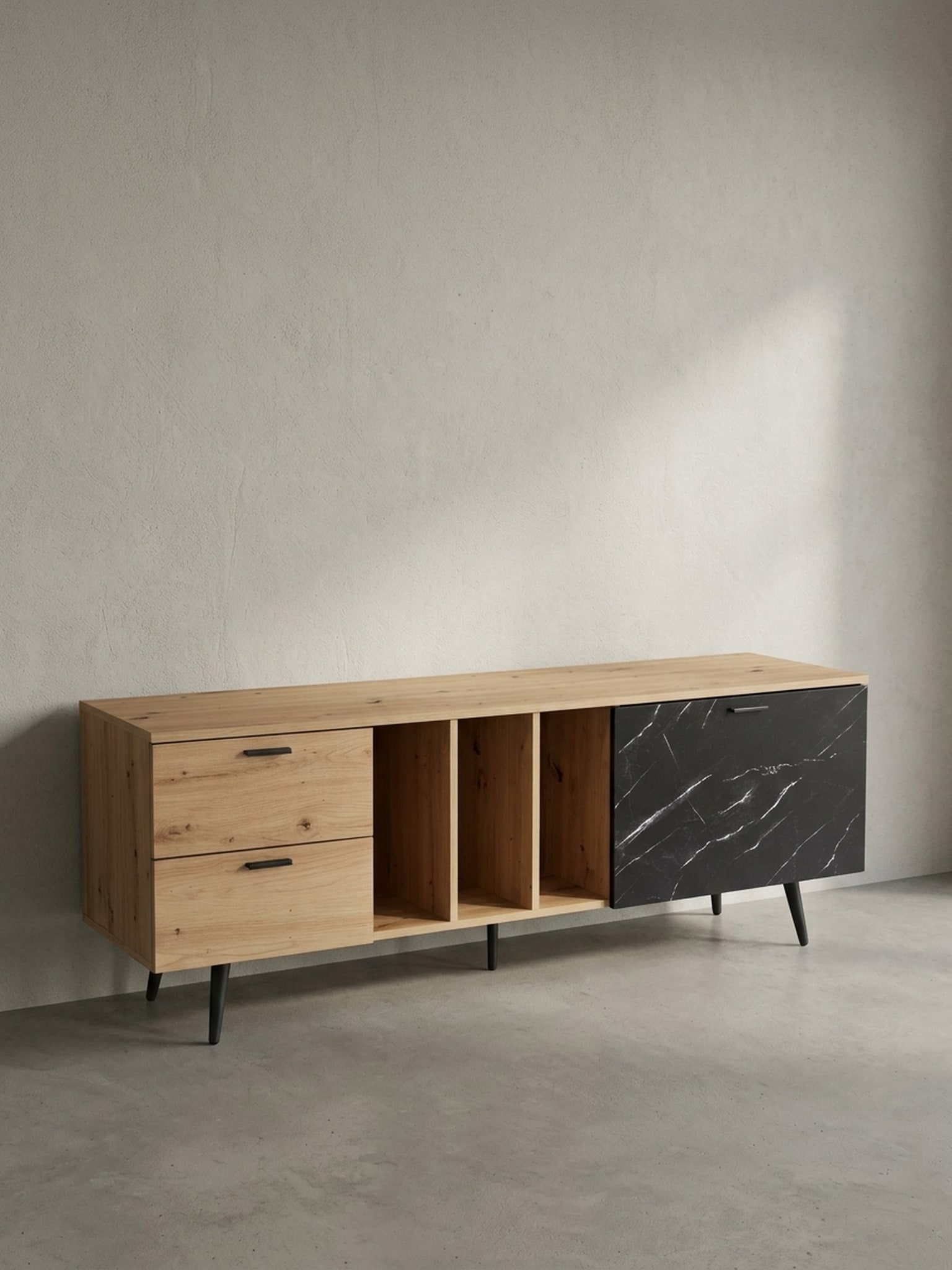 TV-Lowboard mit Eiche-Dekor, T&uuml;r und Schubladen, kompakte Aufteilung, Braun-Schwarz/Marmoroptik 150x40x55 cm 