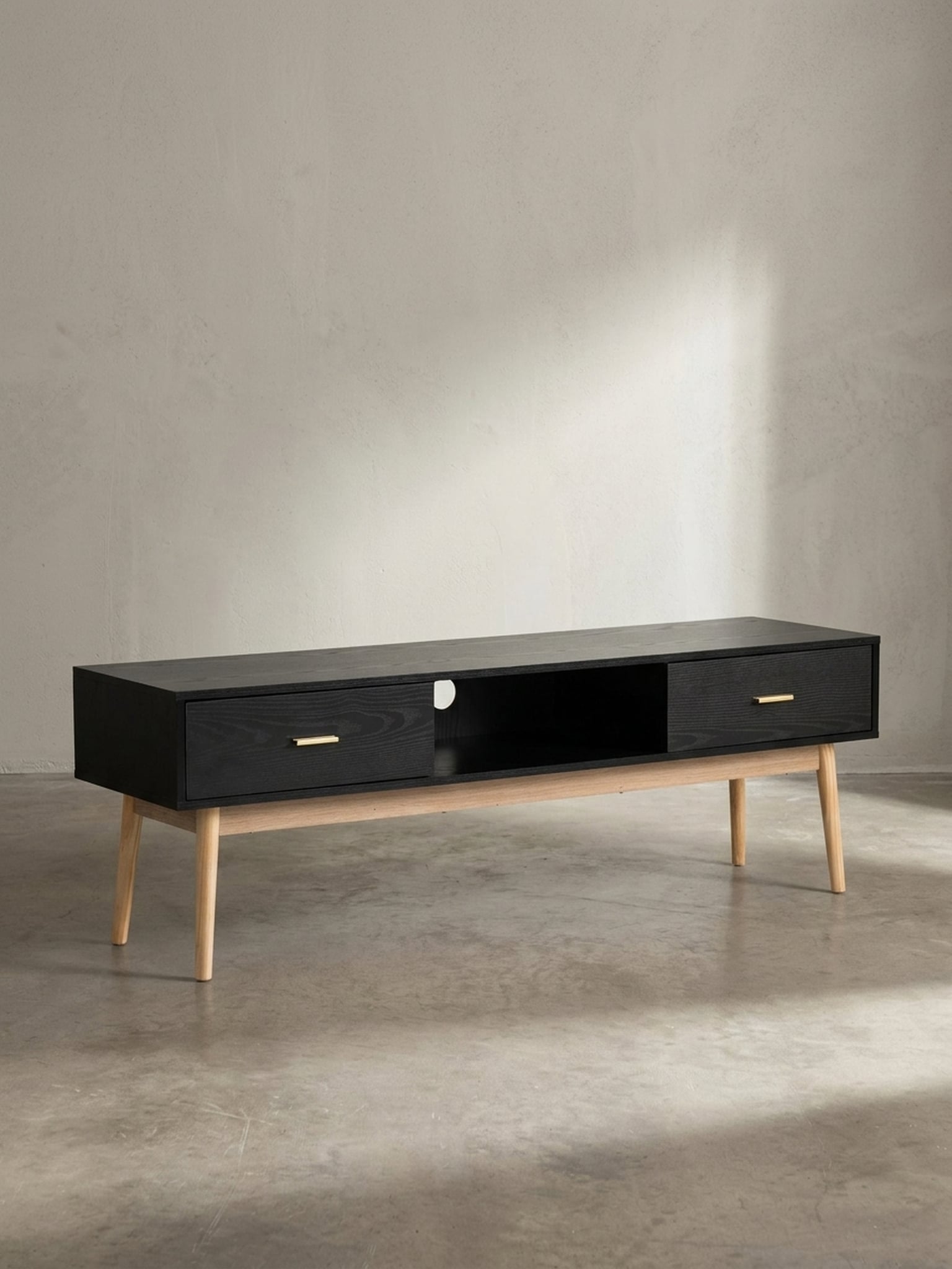 Lowboard Schwarz Eiche-Dekor Modern Stil 150x50x40 cm mit Schubladen und Ablagefach 