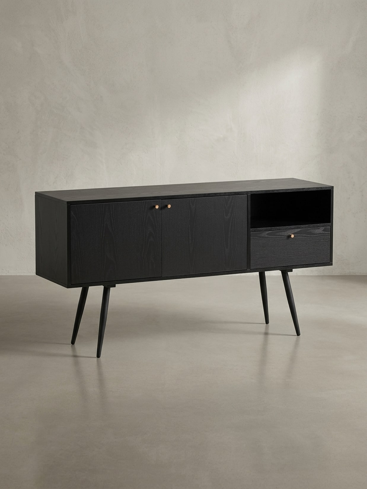 Sideboard – Schwarz/Eiche-Dekor, 140x75x40 cm, mit 2 Türen, Schublade, offenes Fach