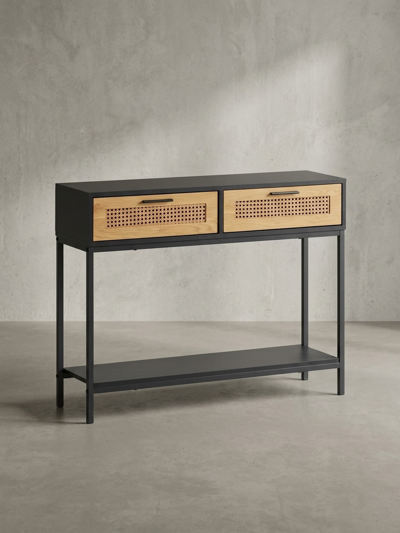 Konsolentisch &ndash; Schwarz, 100x30x75&nbsp;cm, mit Wiener Geflecht, Schubladen und Ablage 