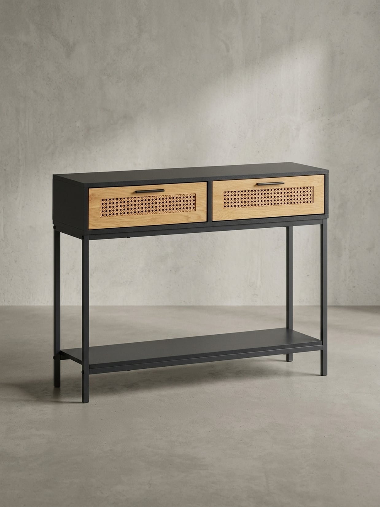Konsolentisch – Schwarz, 100x30x75 cm, mit Wiener Geflecht, Schubladen und Ablage