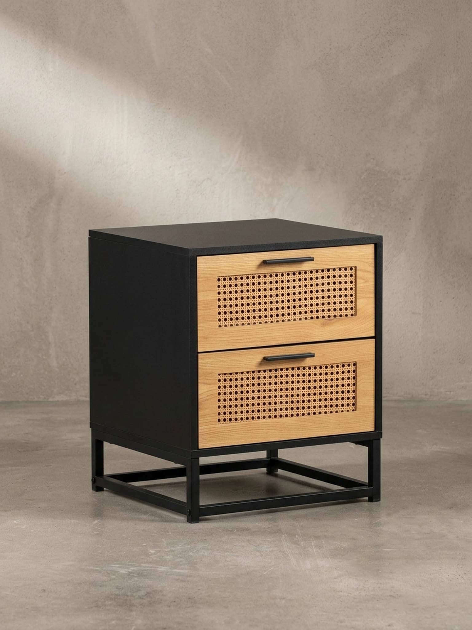 Nachttisch &ndash; Schwarz/Wiener Geflecht, 45x45x56 cm, Schubladen, zeitlos 