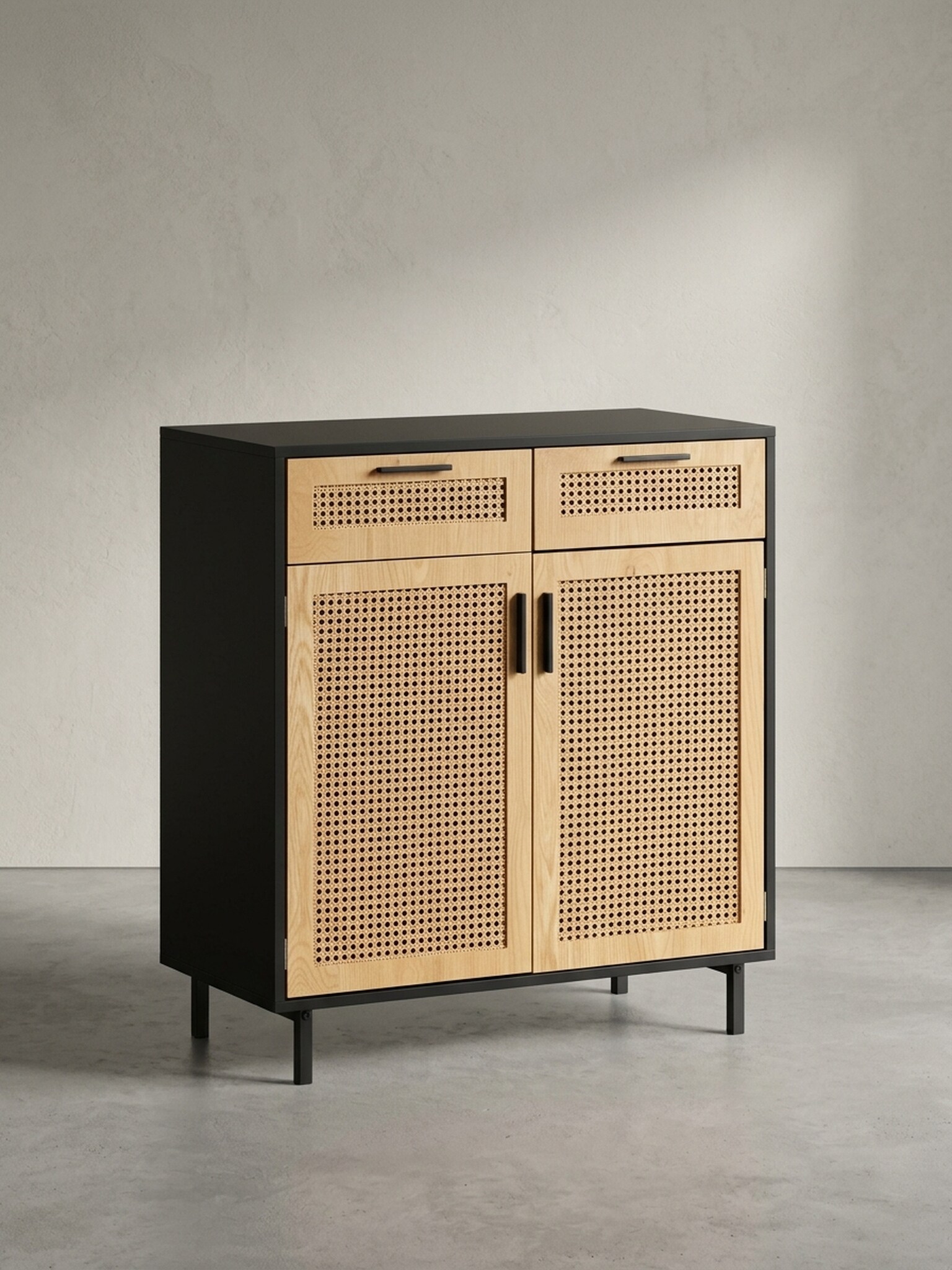 Sideboard &ndash; Schwarz, 80x86,5x40&nbsp;cm, mit Wiener Geflecht, 2 T&uuml;ren, Schubladen, hoch 