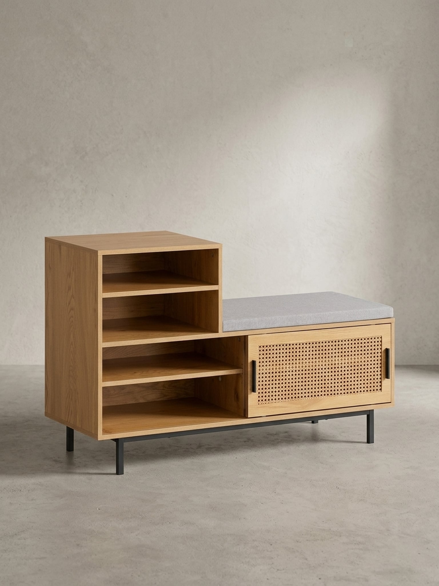 Schuhbank &ndash; Eiche-Dekor, 120x75,5x40 cm, Rattan-Elemente, Sitzbank gepolstert 
