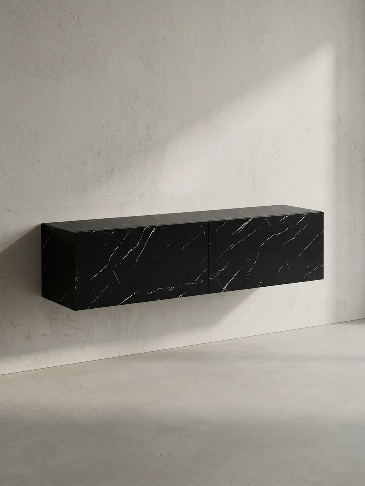 TV-Lowboard hängend, Marmor-Optik, Klapptüren, modern, Schwarz 120x30x30 cm
