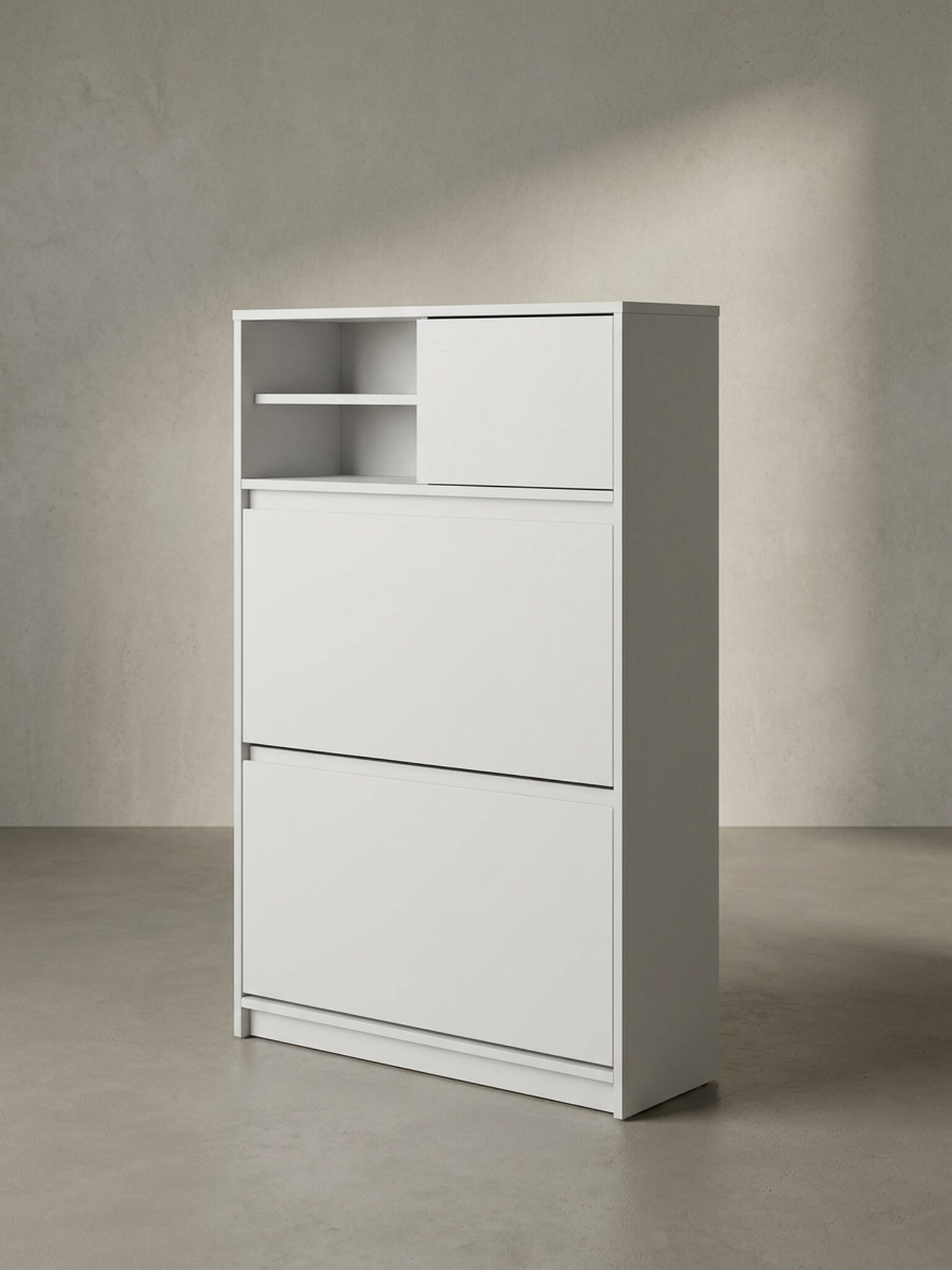 Schuhschrank &ndash; Wei&szlig;, 71x110x24 cm, Schuhkipper geschlossen, mit Ablage 