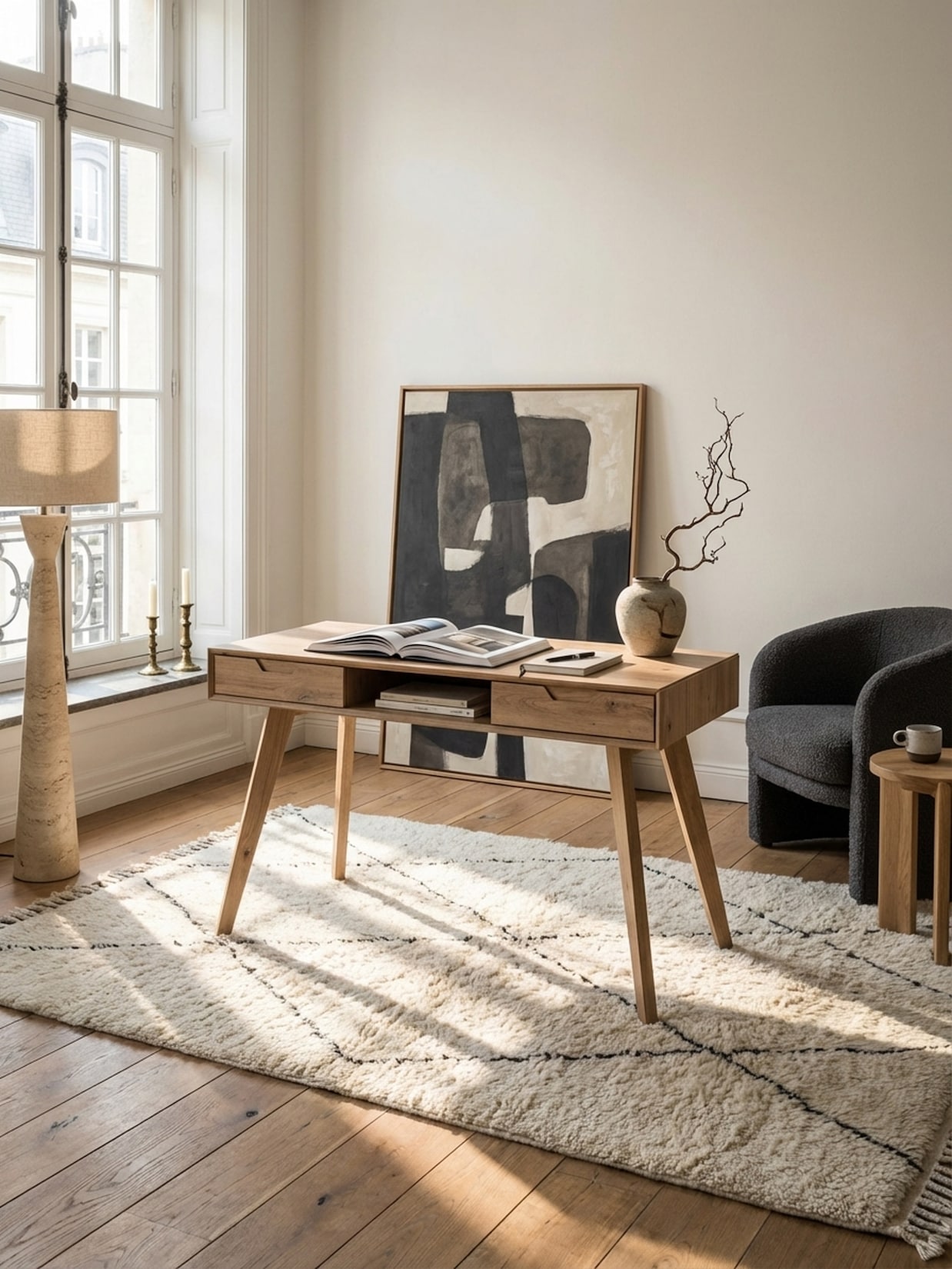 Schreibtisch – Eiche-Dekor, 120x55x77 cm, Stauraum, Skandinavischer Stil, Massivholzbeine