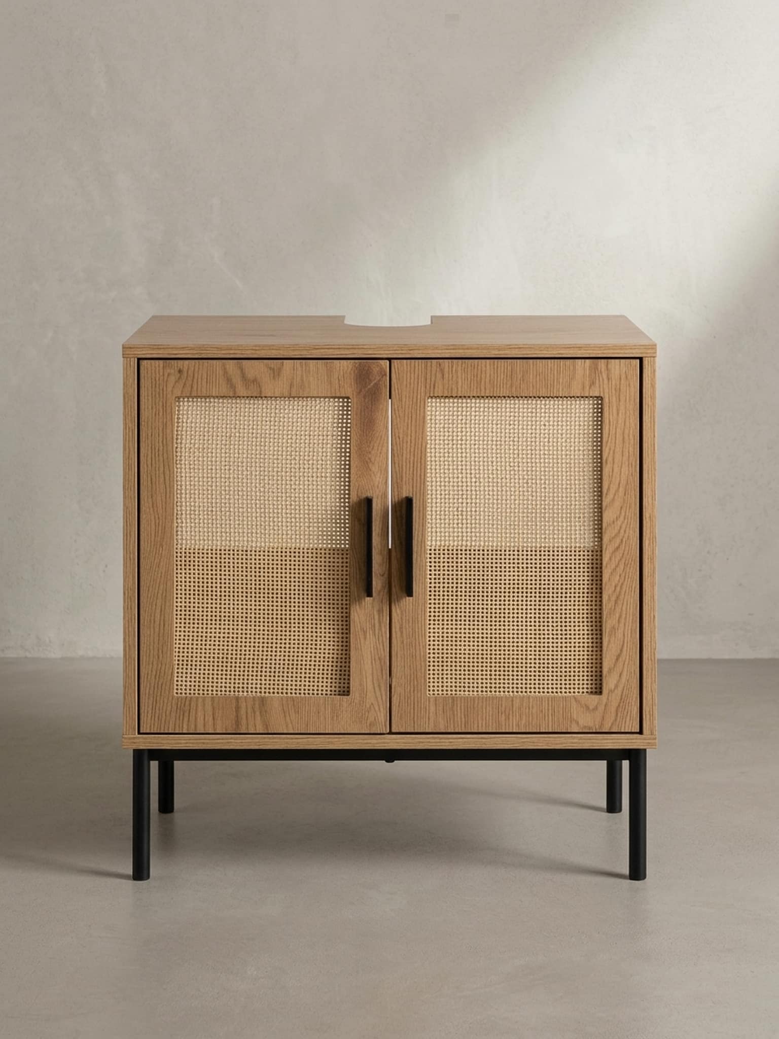 Waschbeckenunterschrank Eiche-Optik 60x60x40&nbsp;cm mit T&uuml;ren und Rattangeflecht 