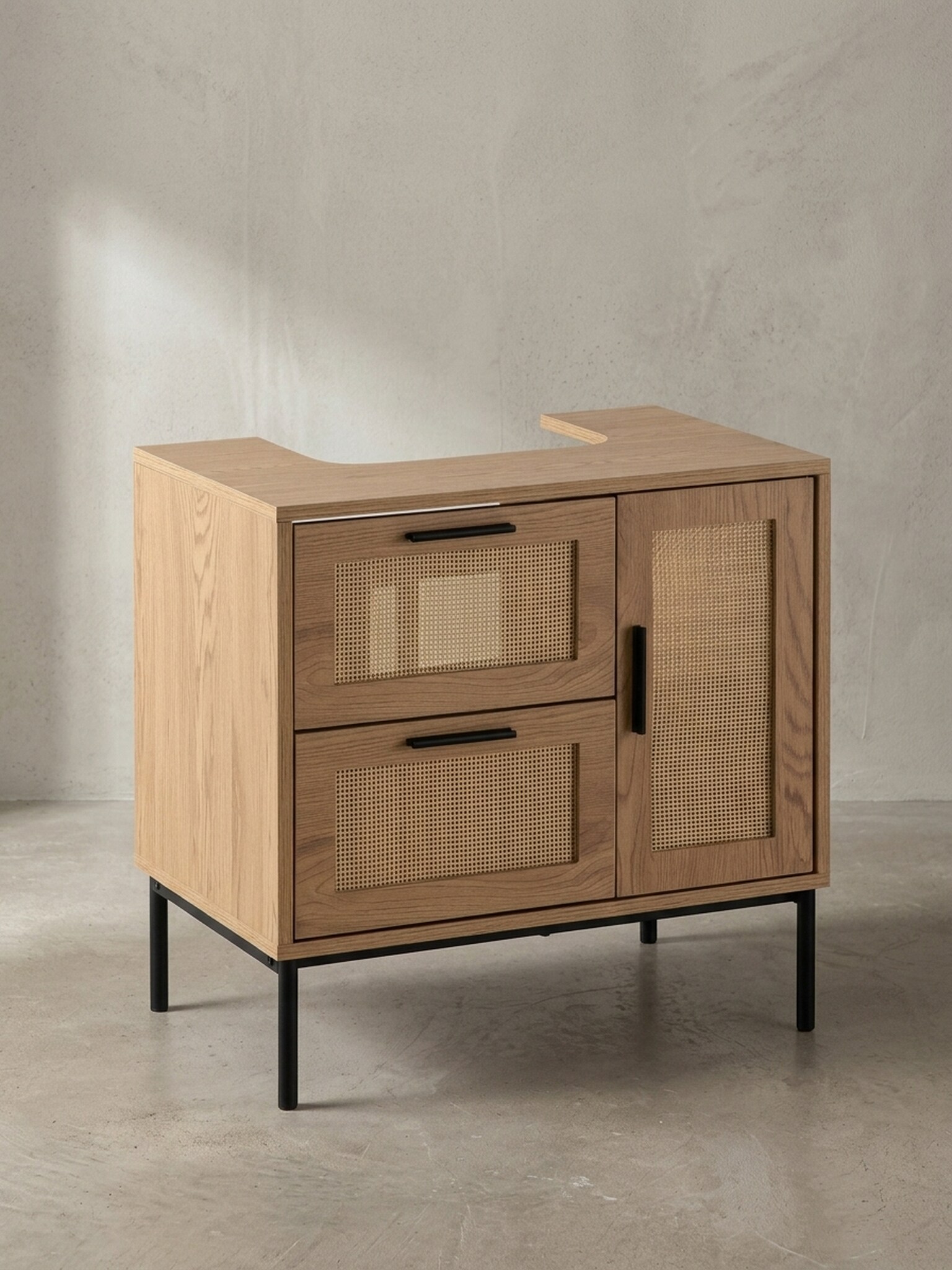 Waschbeckenunterschrank Eiche-Optik 60x60x40&nbsp;cm mit T&uuml;r, Schubladen und Rattangeflecht 