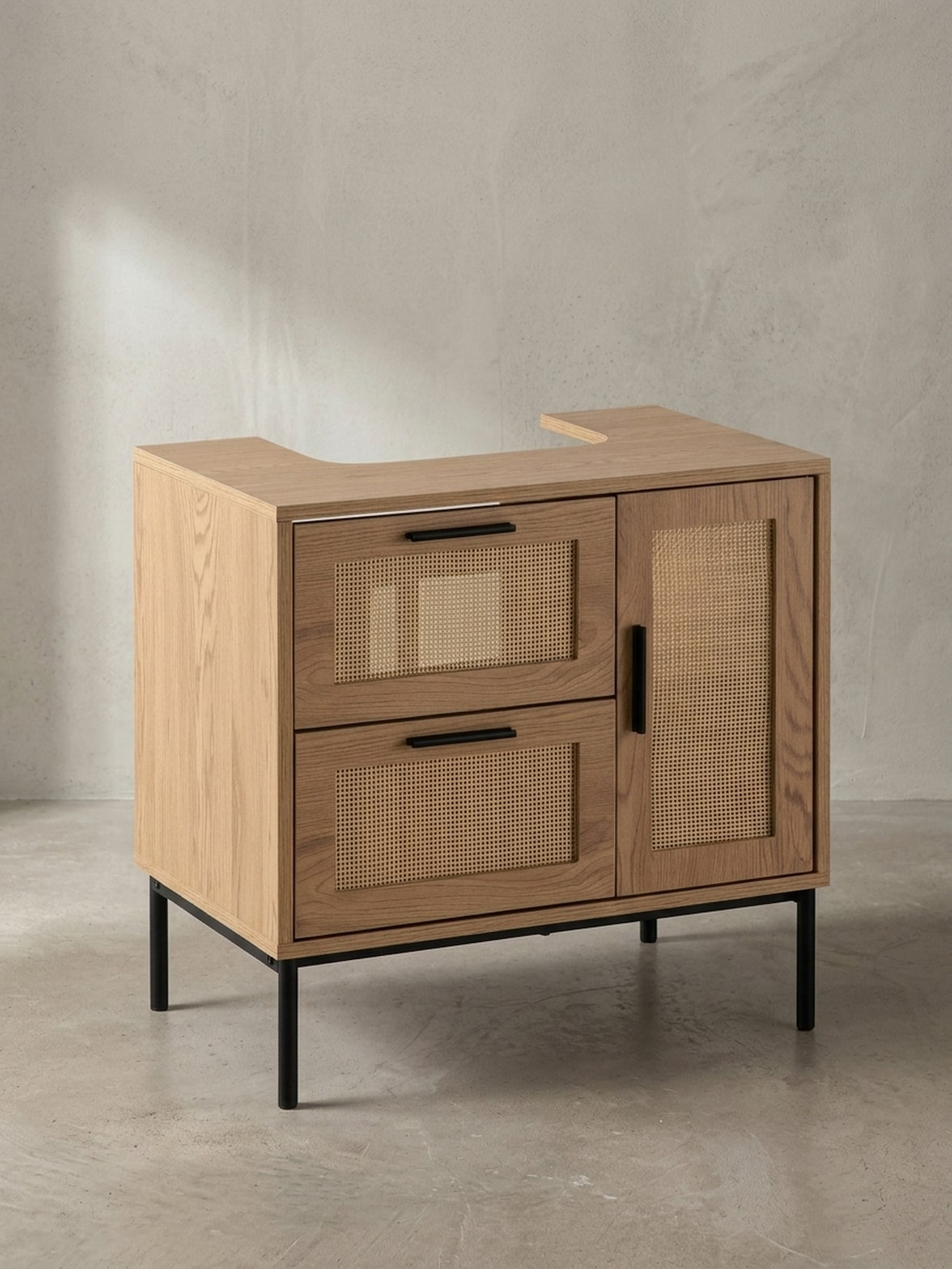 Waschbeckenunterschrank Eiche-Optik 60x60x40 cm mit Tür, Schubladen und Rattangeflecht