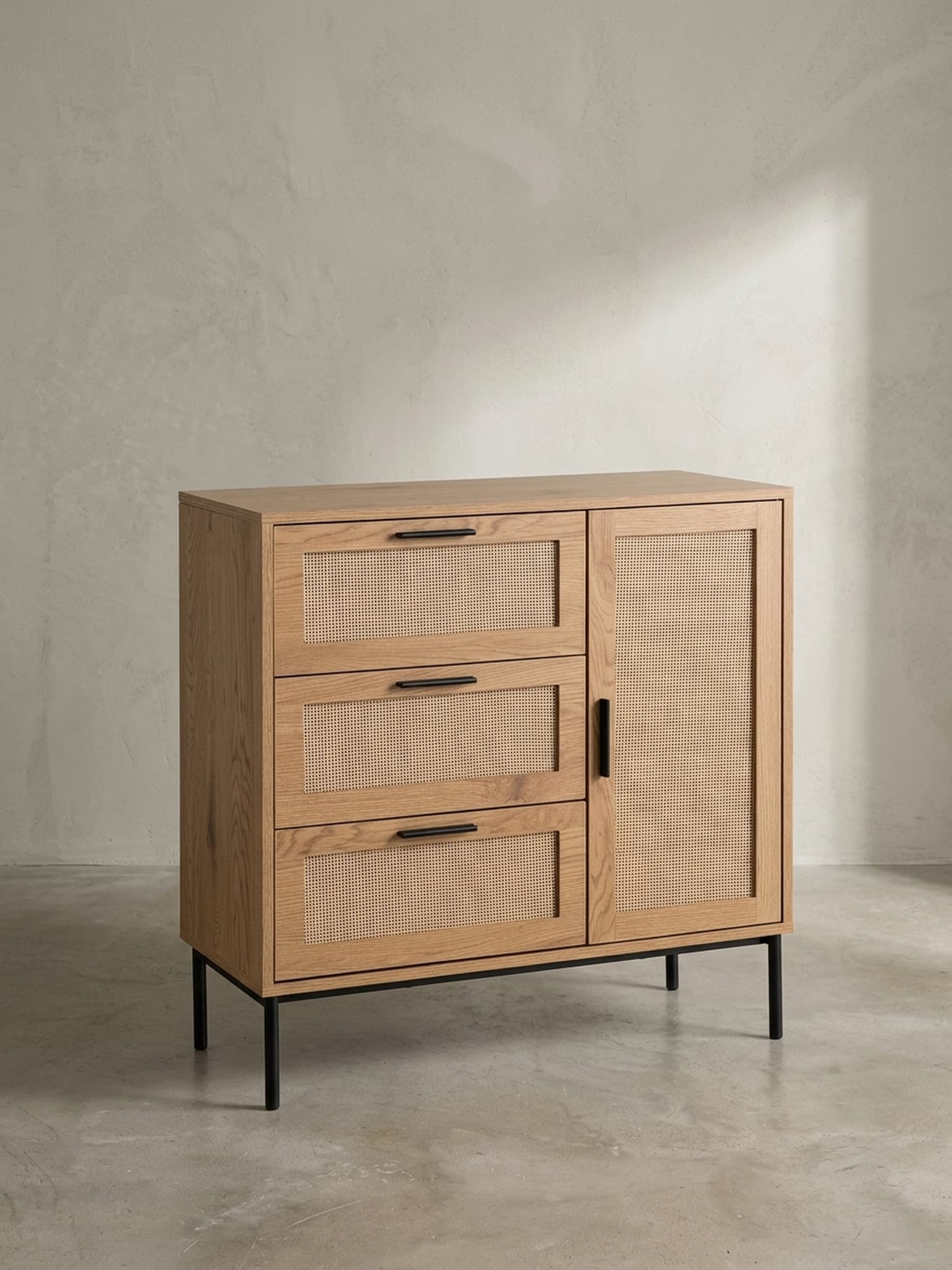 Kommode &ndash; Eiche-Dekor/Rattan, 80x82x36&nbsp;cm, 3 Schubladen, 1 T&uuml;r, modern 