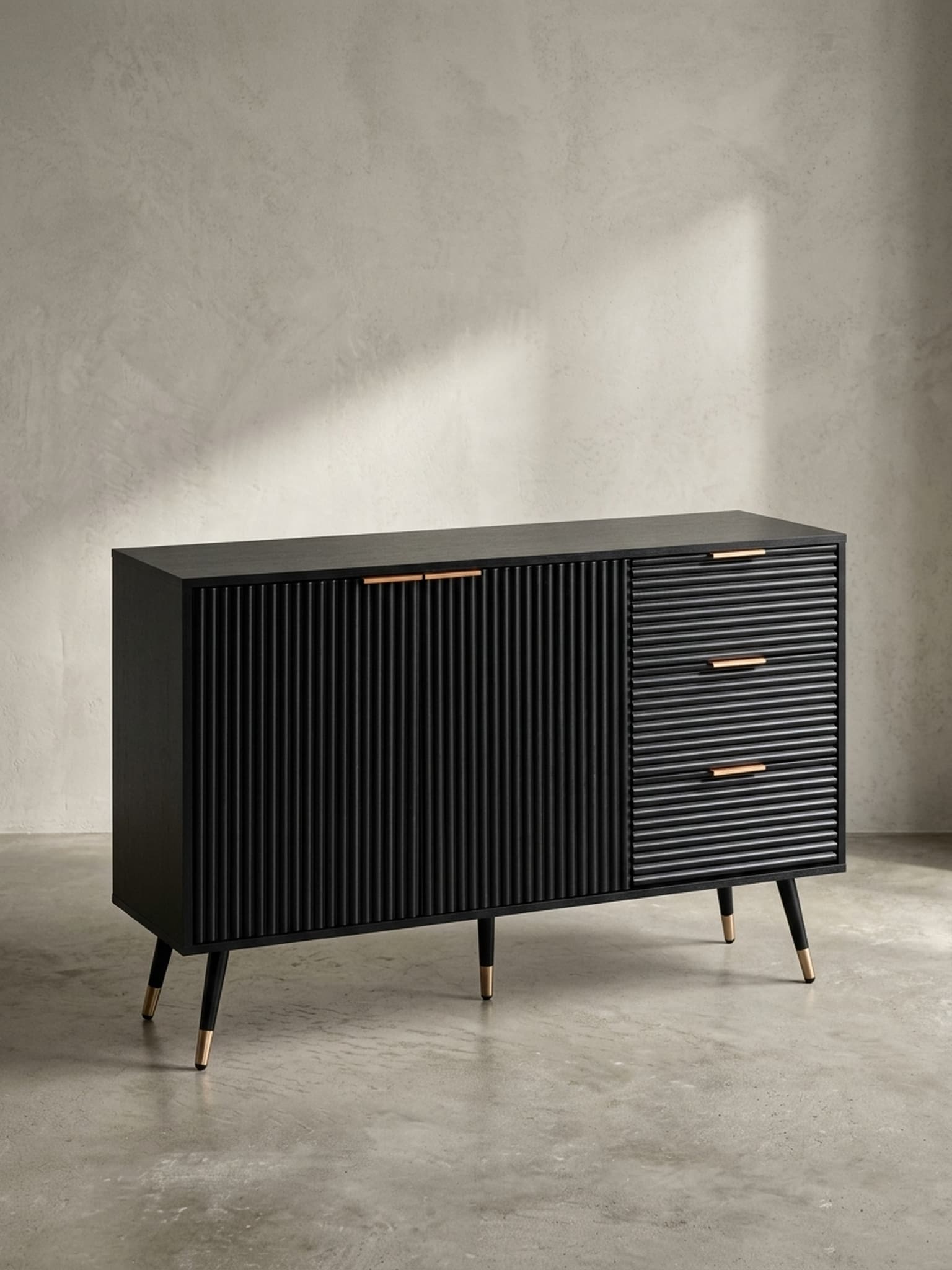 Sideboard &ndash; Schwarz/Eiche-Dekor, 120x80x40&nbsp;cm, mit T&uuml;ren und Schubladen, Metallbeine 