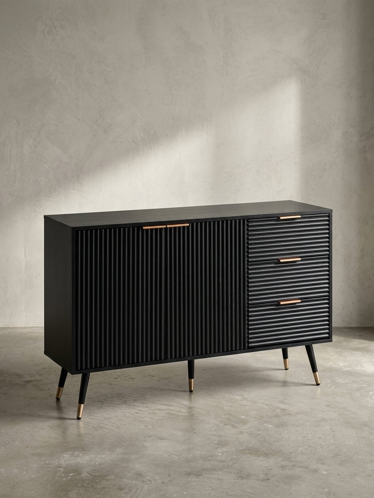 Sideboard – Schwarz/Eiche-Dekor, 120x80x40 cm, mit Türen und Schubladen, Metallbeine