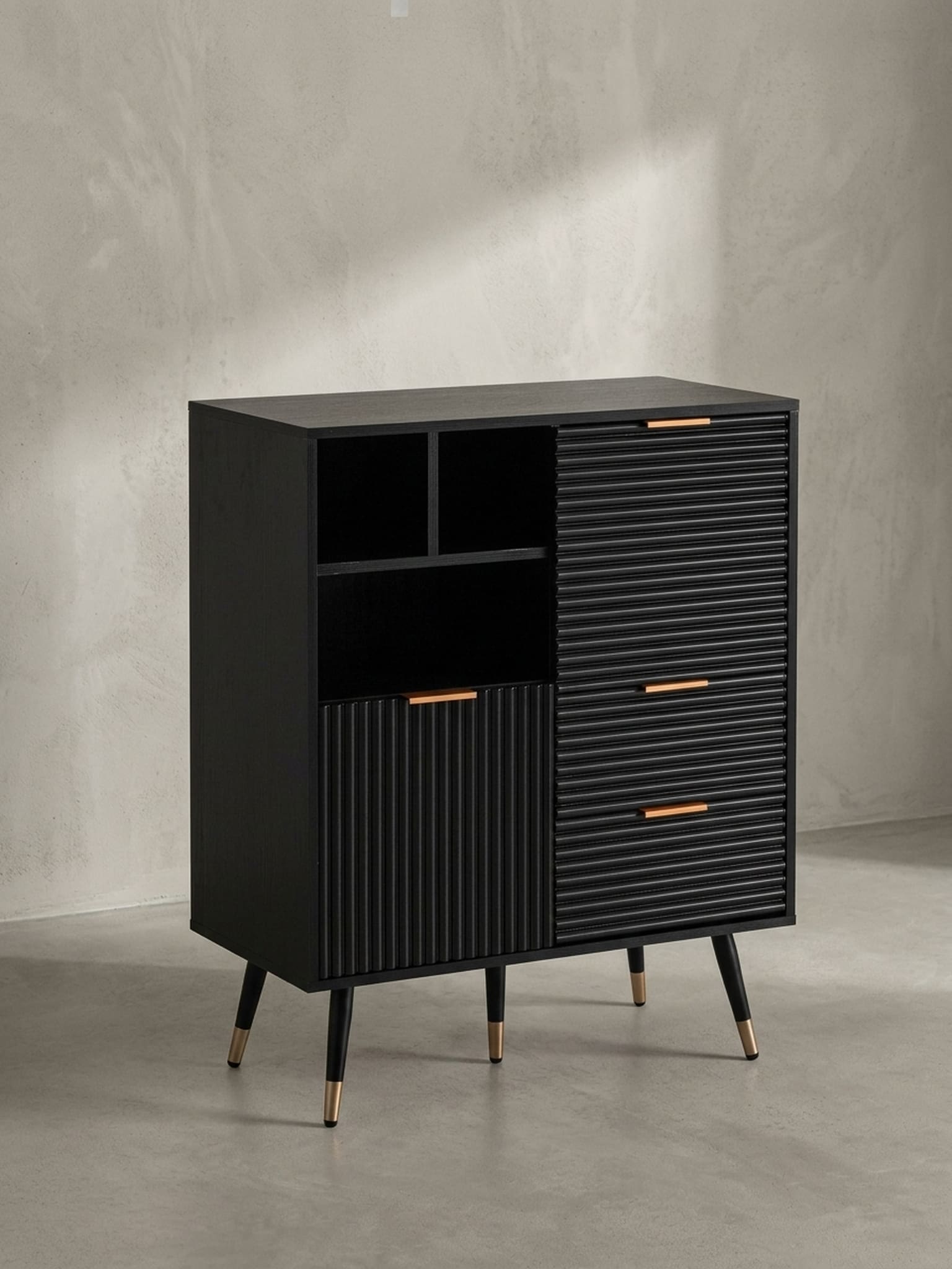 Sideboard &ndash; Schwarz/Eiche-Dekor, 77x97x40&nbsp;cm, mit T&uuml;ren, Schubladen, Regal, Metallbeine 