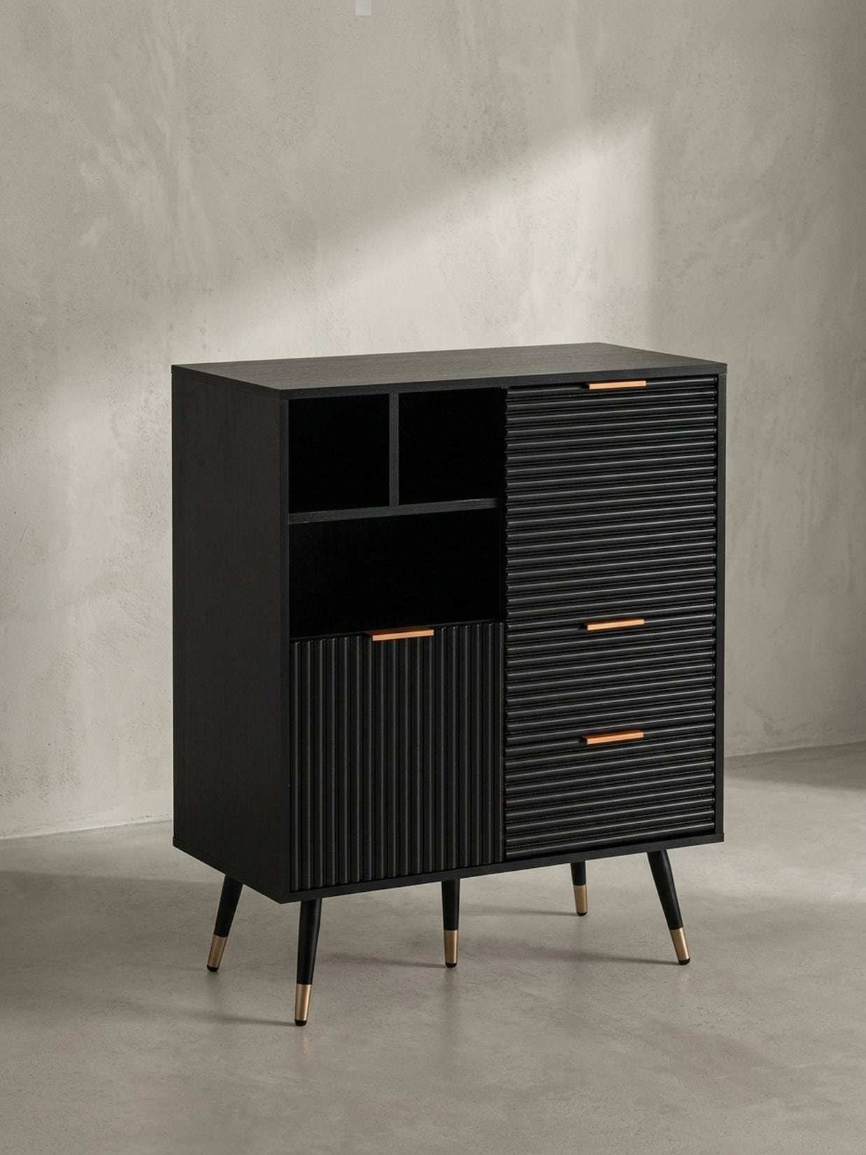Sideboard – Schwarz/Eiche-Dekor, 77x97x40 cm, mit Türen, Schubladen, Regal, Metallbeine