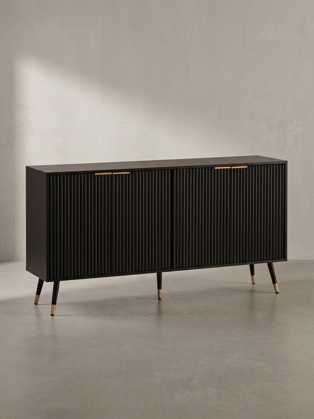 Sideboard – Schwarz/Eiche-Dekor, 150x81x39 cm, mit Türen, Metallbeine