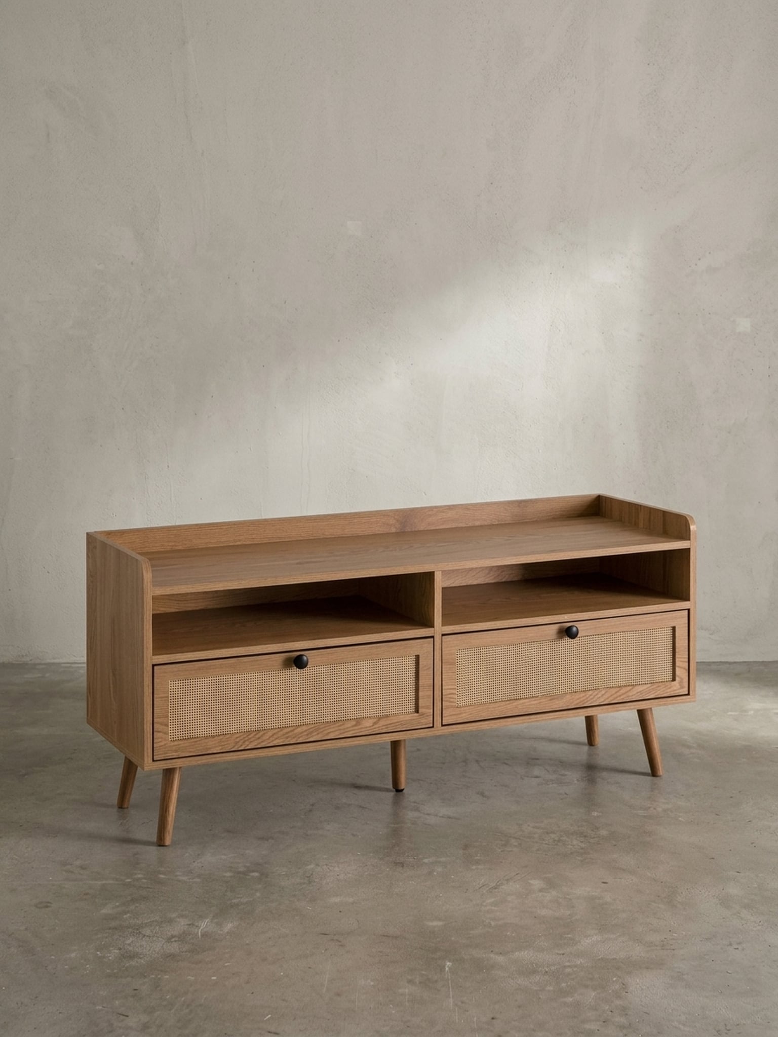 Lowboard Eiche-Dekor Rattan Modern Stil 120x56x39 cm mit Schubladen 