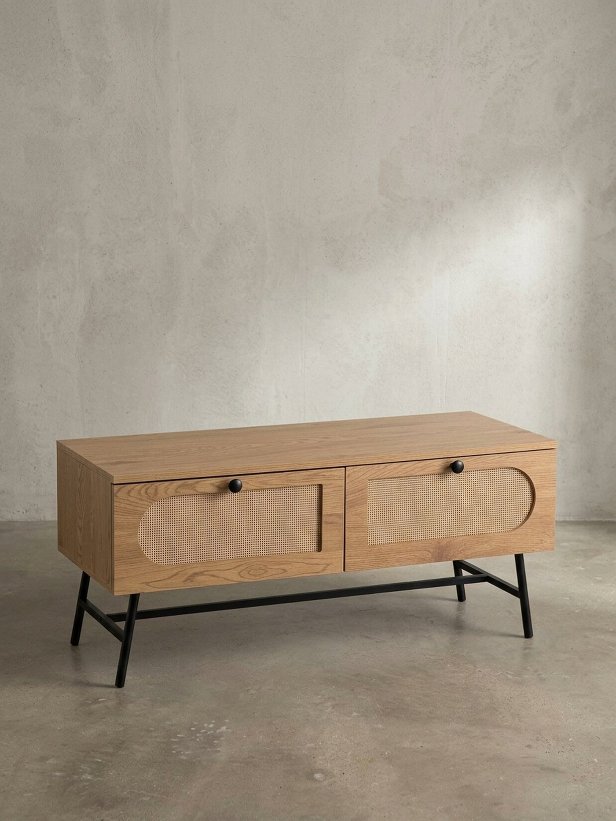 Lowboard Eiche-Dekor Rattan Modern Stil 100x45x40 cm mit Schubladen