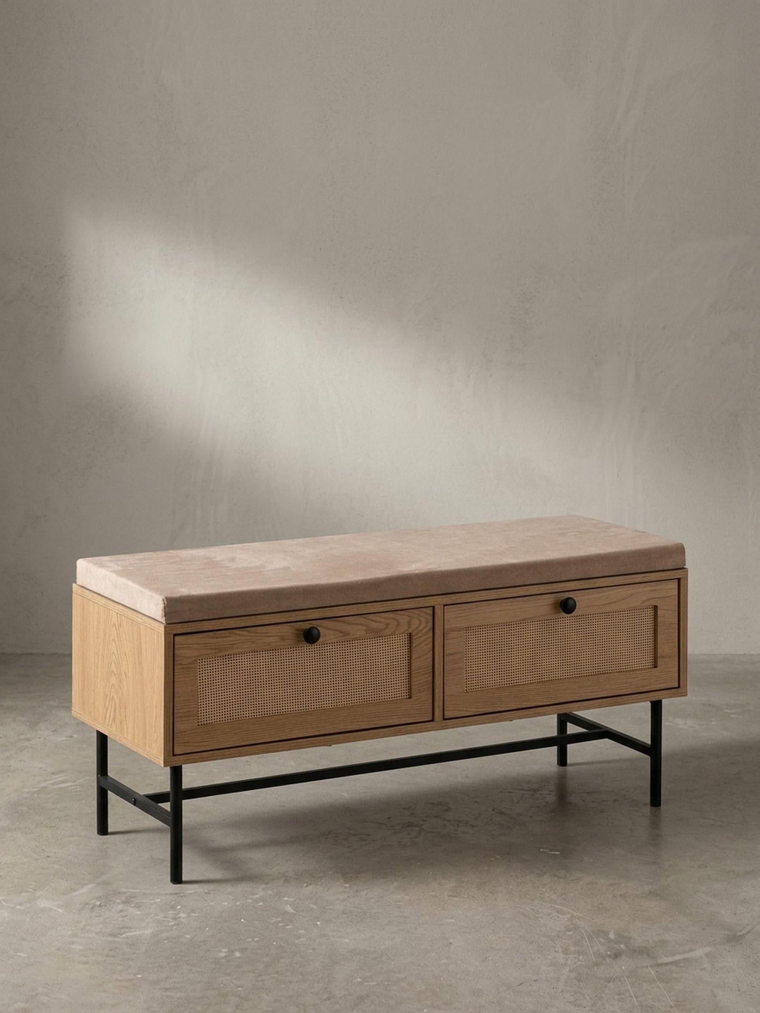 Schuhbank &ndash; 100x48x38 cm, Eiche-Dekor, Sitzfl&auml;che Stoff, mit Schubladen 