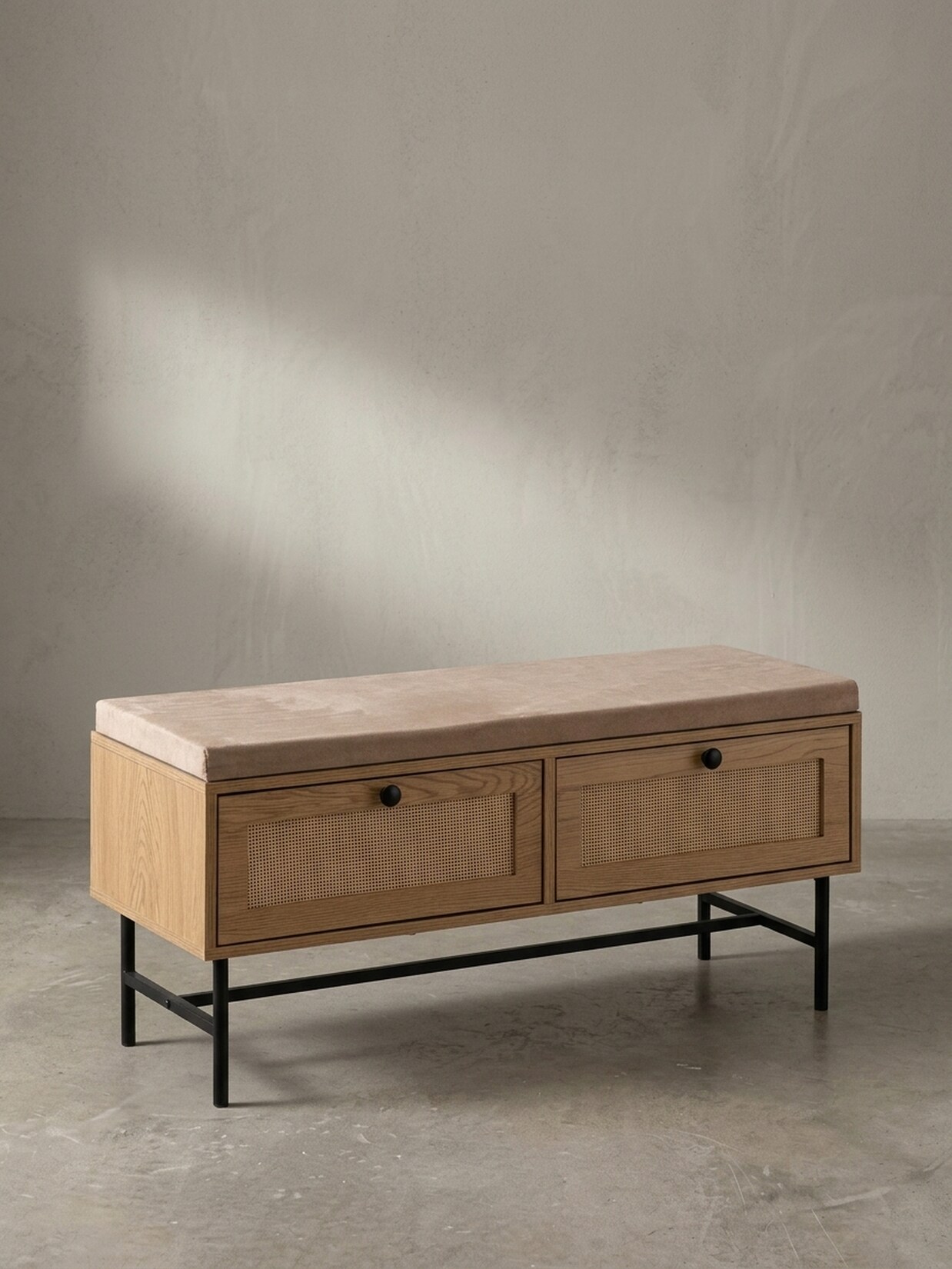 Schuhbank – 100x48x38 cm, Eiche-Dekor, Sitzfläche Stoff, mit Schubladen