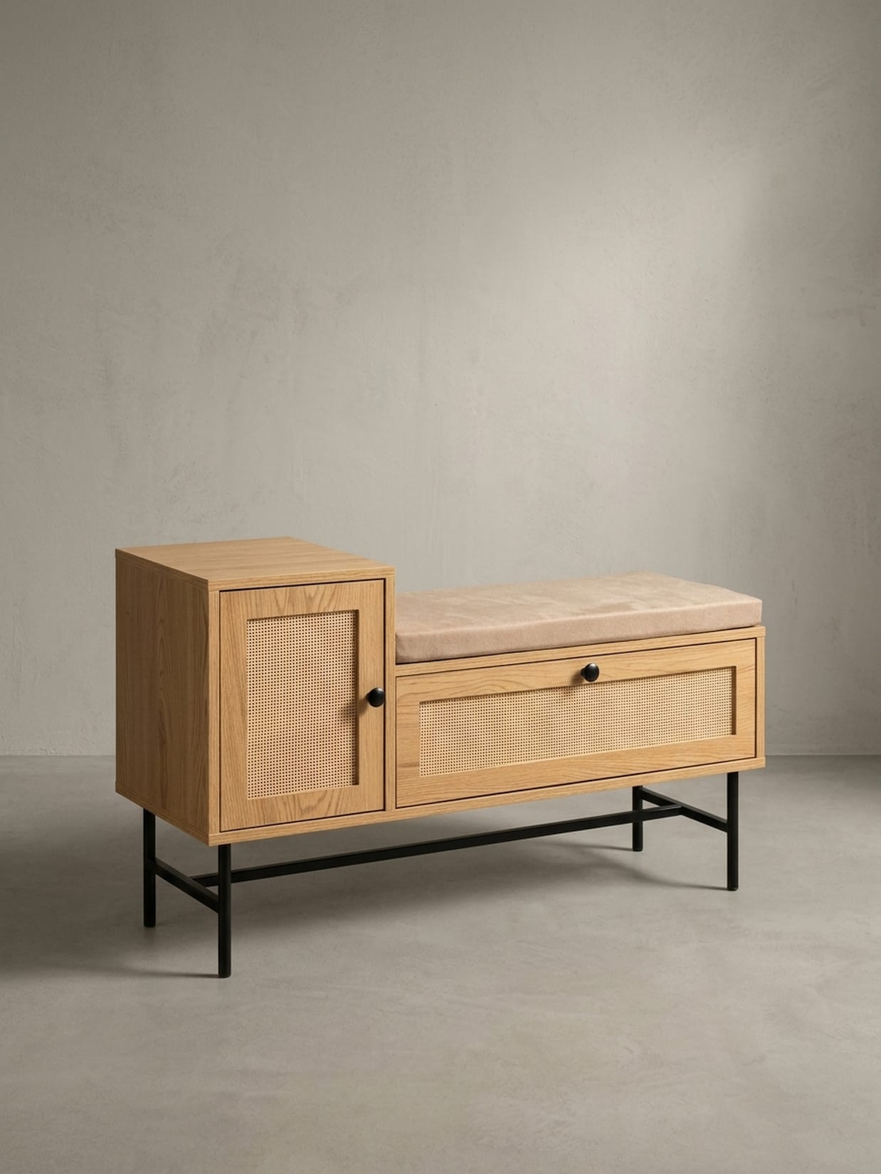 Schuhbank – Eiche-Dekor, 100x60x38 cm, Rattan-Elemente, gepolstert, mit Stauraum