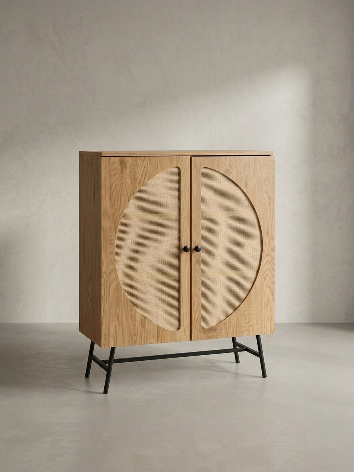 Sideboard – Eiche-Dekor/Rattan, 80x103x39 cm, 2 Türen, hoch
