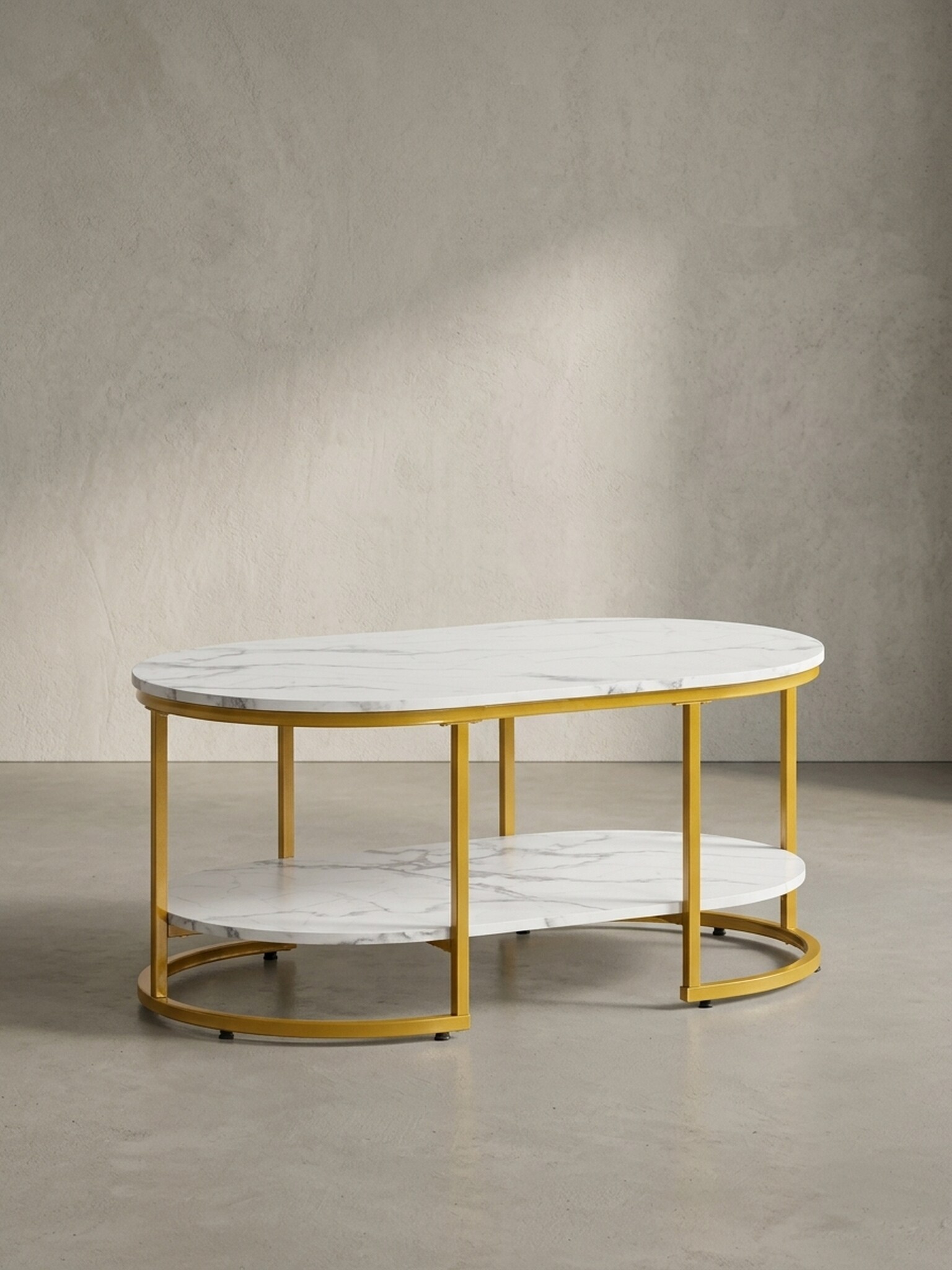 Couchtisch mit Marmor Optik, rechteckig, Ablage, goldenes Metallgestell, Wei&szlig; 100x60x45 cm 