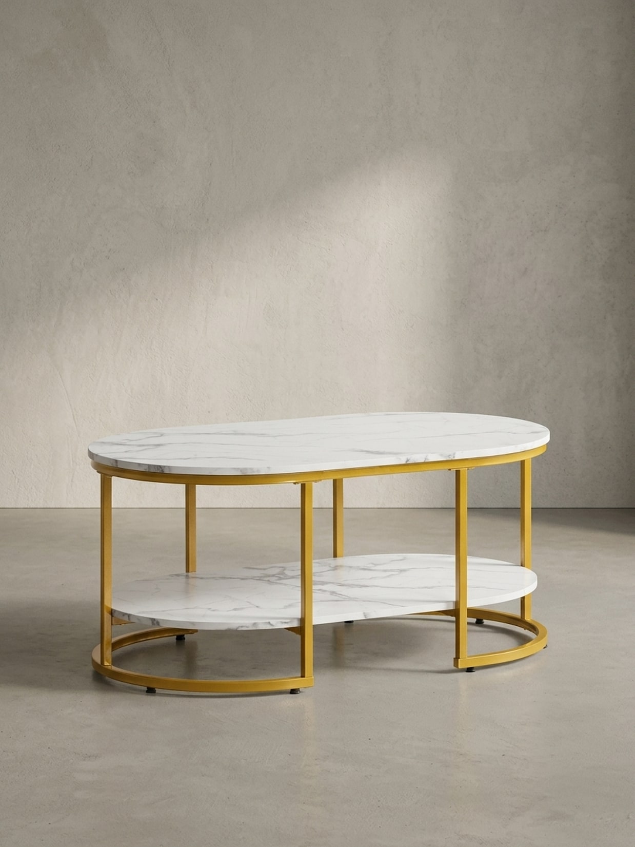 Couchtisch mit Marmor Optik, rechteckig, Ablage, goldenes Metallgestell, Weiß 100x60x45 cm