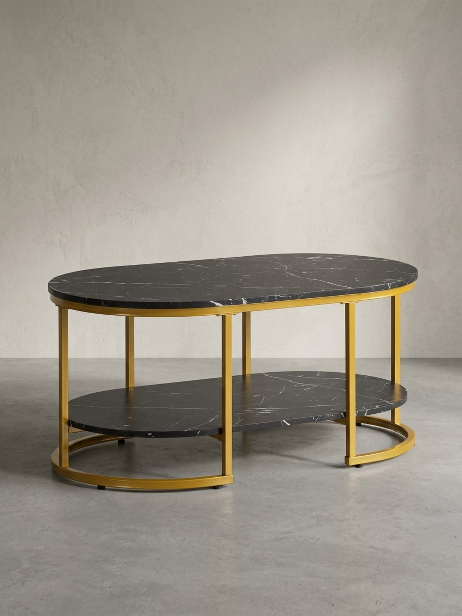 Couchtisch mit Marmor Optik, rechteckig, Ablage, goldenes Metallgestell, Schwarz 100x60x45 cm 