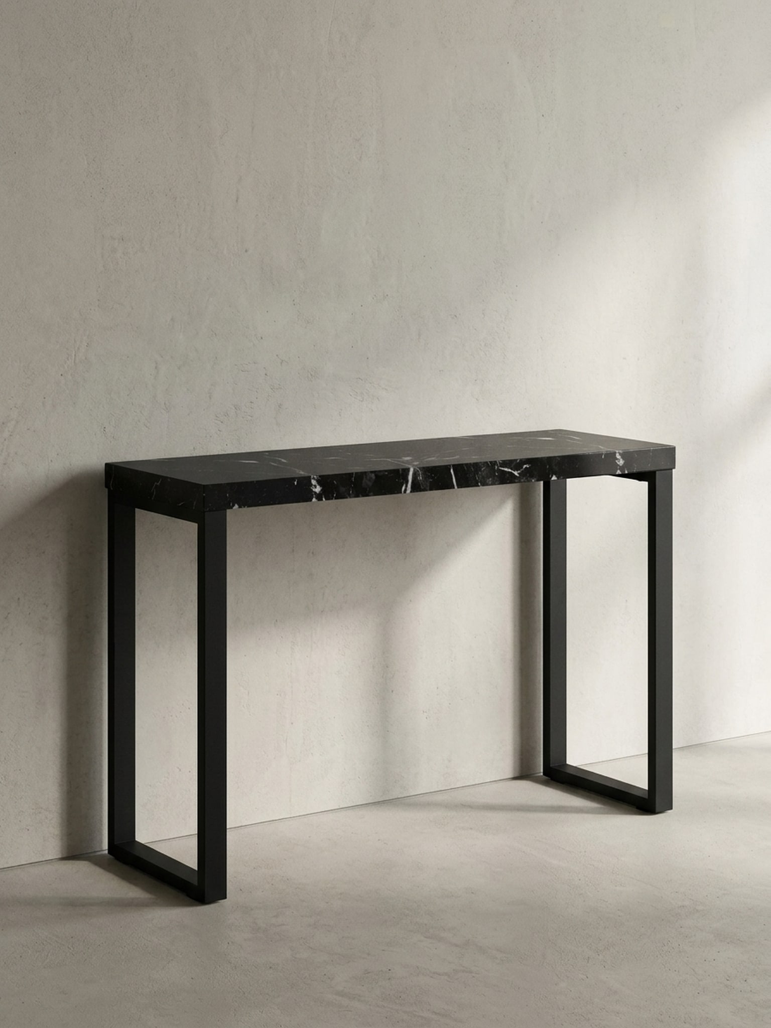 Konsolentisch &ndash; Marmoroptik Schwarz, 120x40x76&nbsp;cm, Hochglanz, Metallbeine 