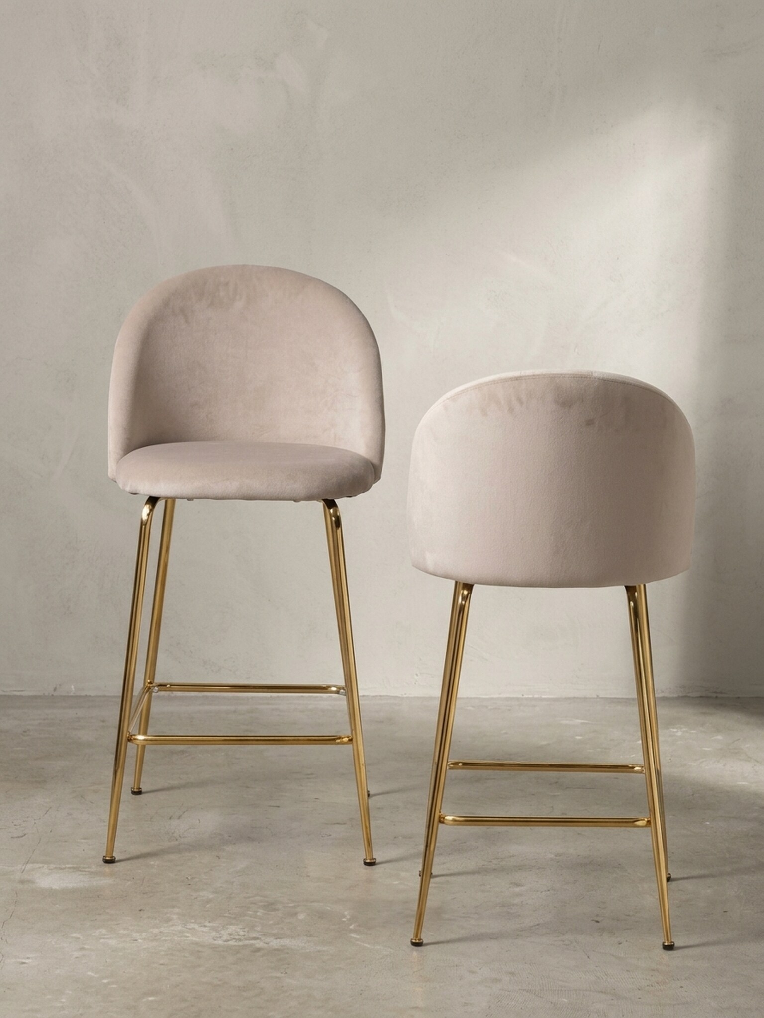 Barhocker 2er Set Samt Lehne Goldgestell Skandi-Stil Gepolstert, Beige 50x50x102 cm 